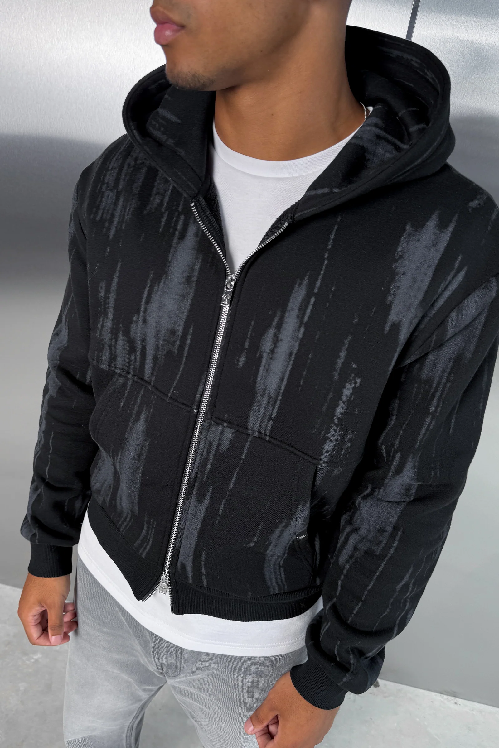 Abstract Wash Boxy Double Zip Hoodie - Black - Image 4