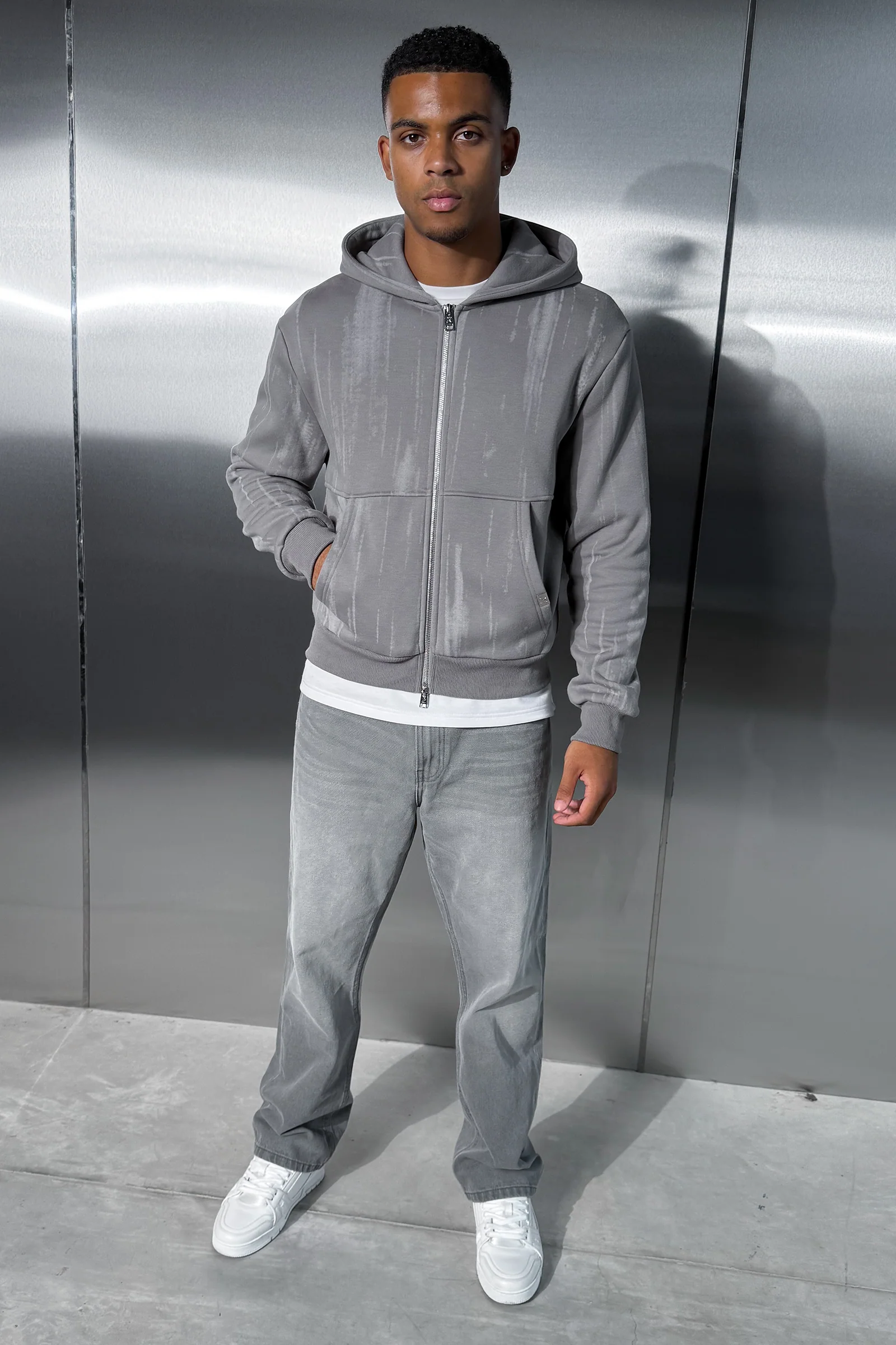 Abstract Wash Boxy Double Zip Hoodie - Grey - Image 4