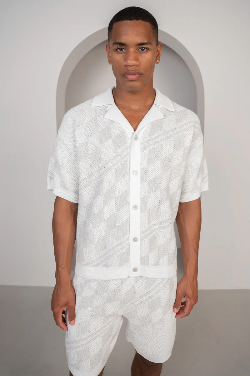 Boxy Checked Knitted Shirt - Grey/White - Image 4