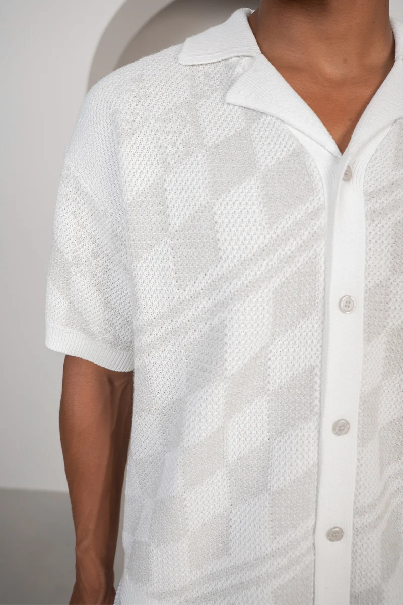 Boxy Checked Knitted Shirt - Grey/White - Image 7