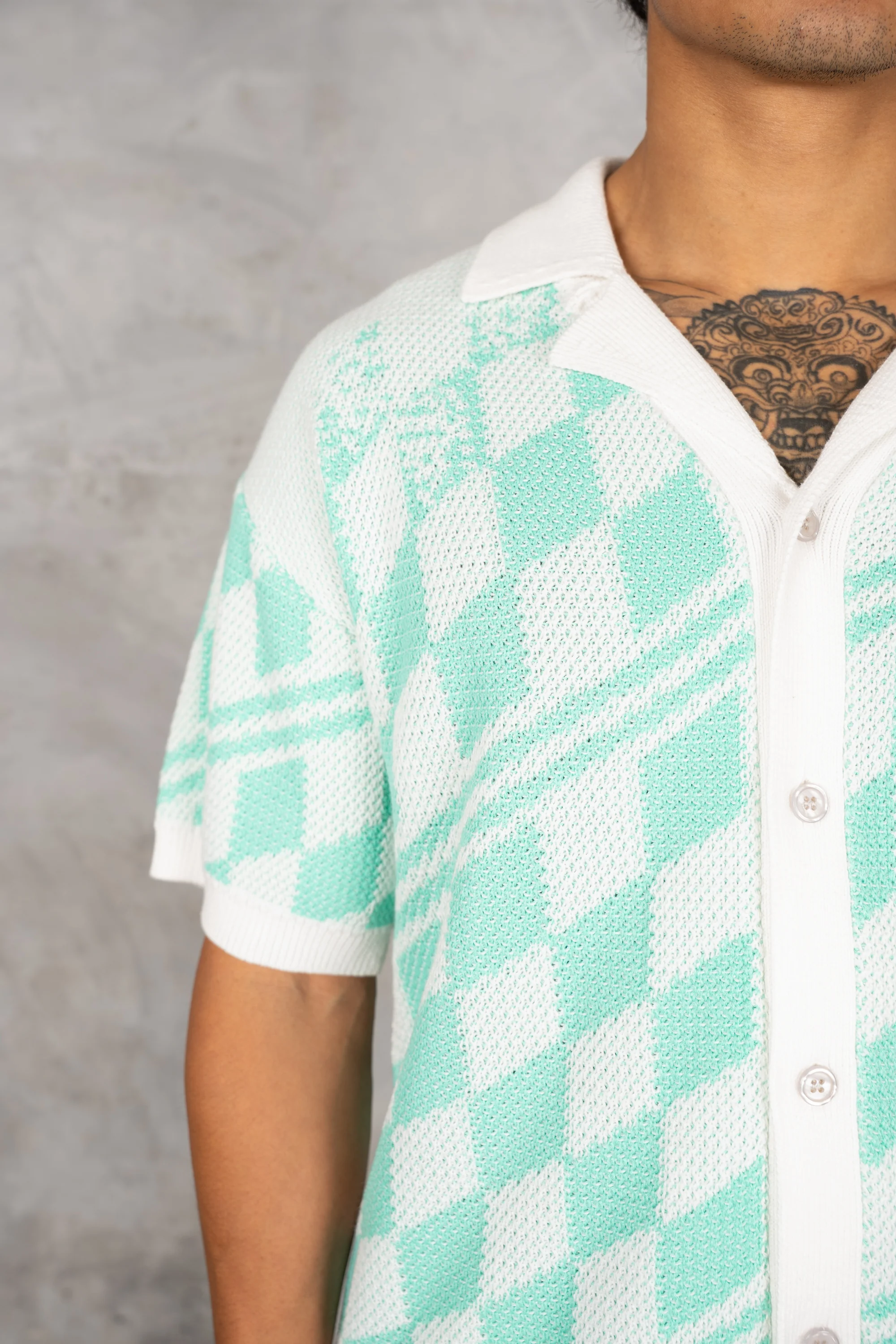 Boxy Checked Knitted Shirt - Mint - Image 4