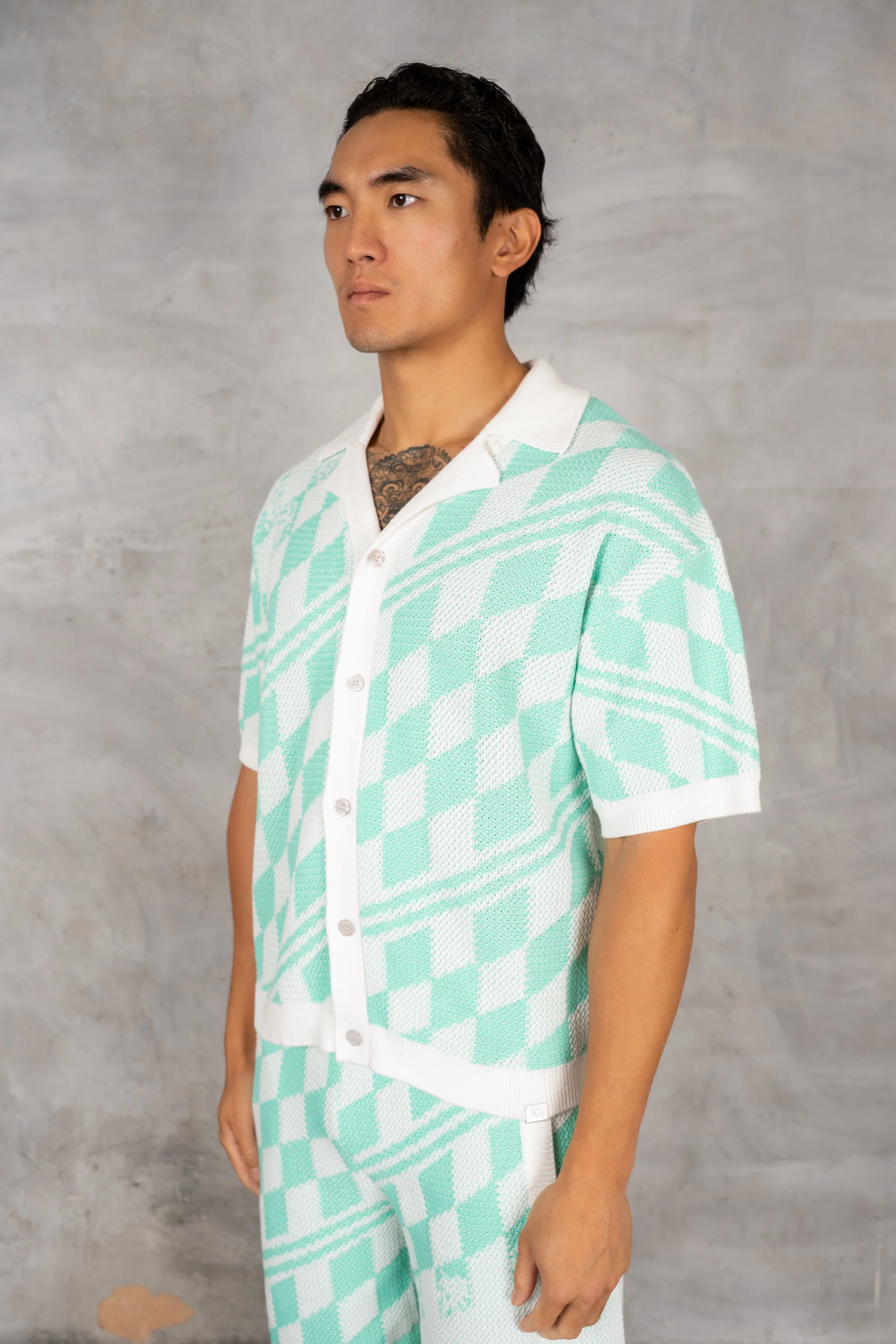 Boxy Checked Knitted Shirt - Mint - Image 5