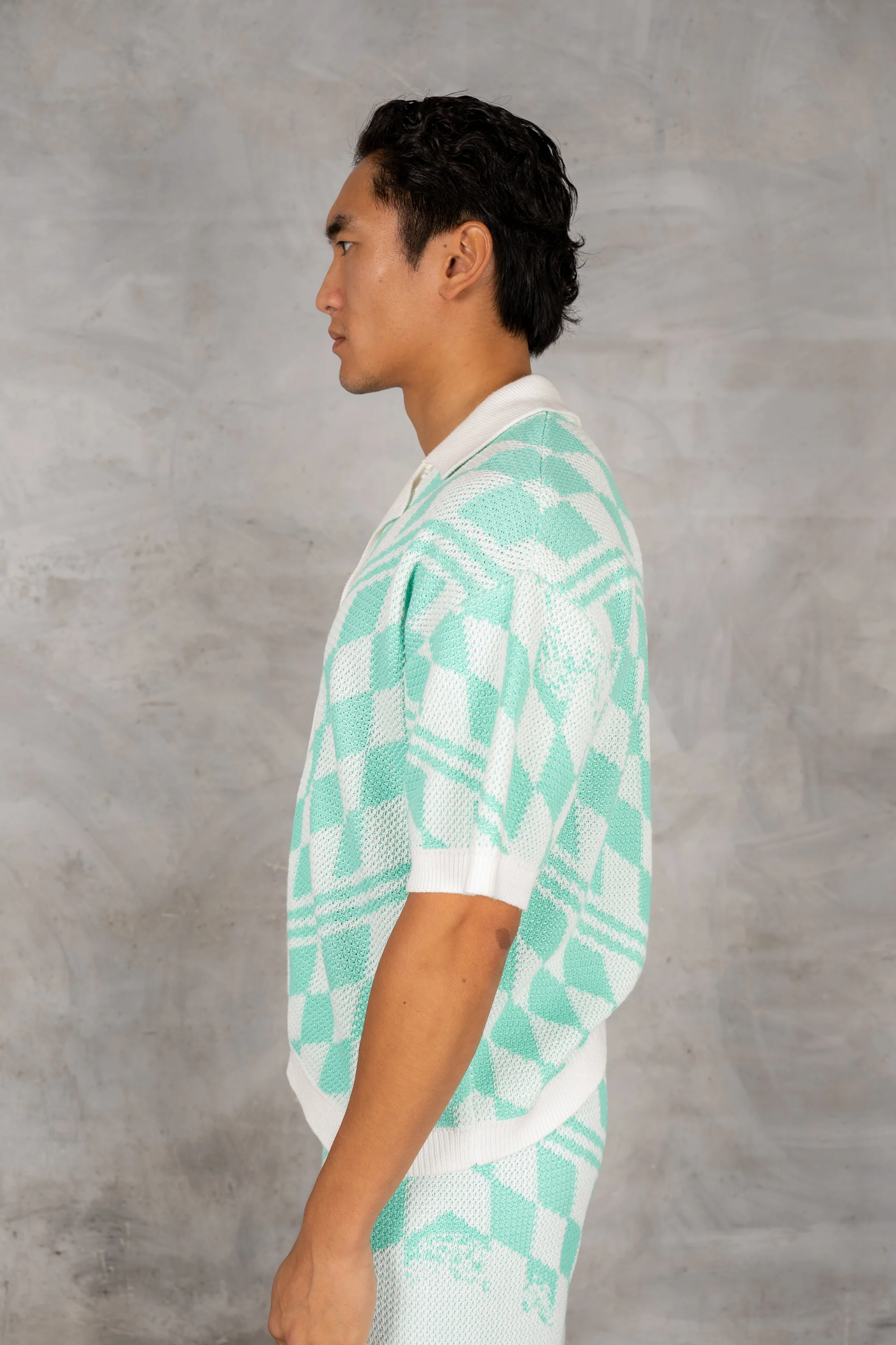 Boxy Checked Knitted Shirt - Mint - Image 6