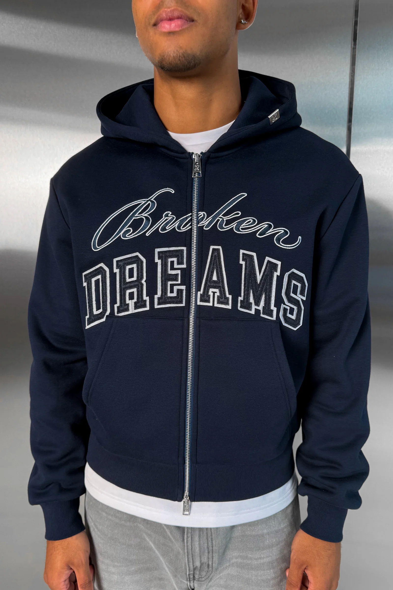 Broken Dreams Boxy Double Zip Hoody  - Navy - Image 3