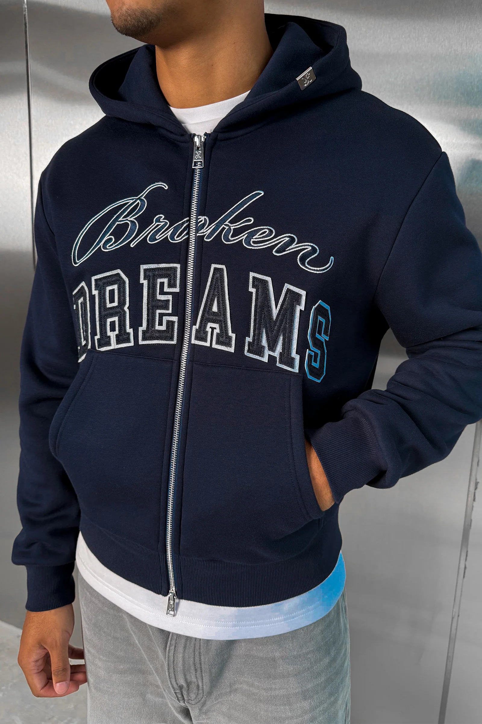 Broken Dreams Boxy Double Zip Hoody  - Navy - Image 5