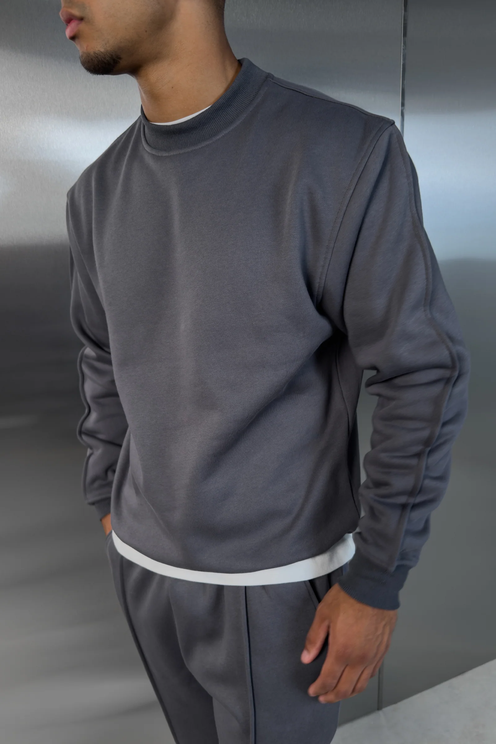 Extended Neck Crew Neck Sweatshirt - Charcoal - Image 4