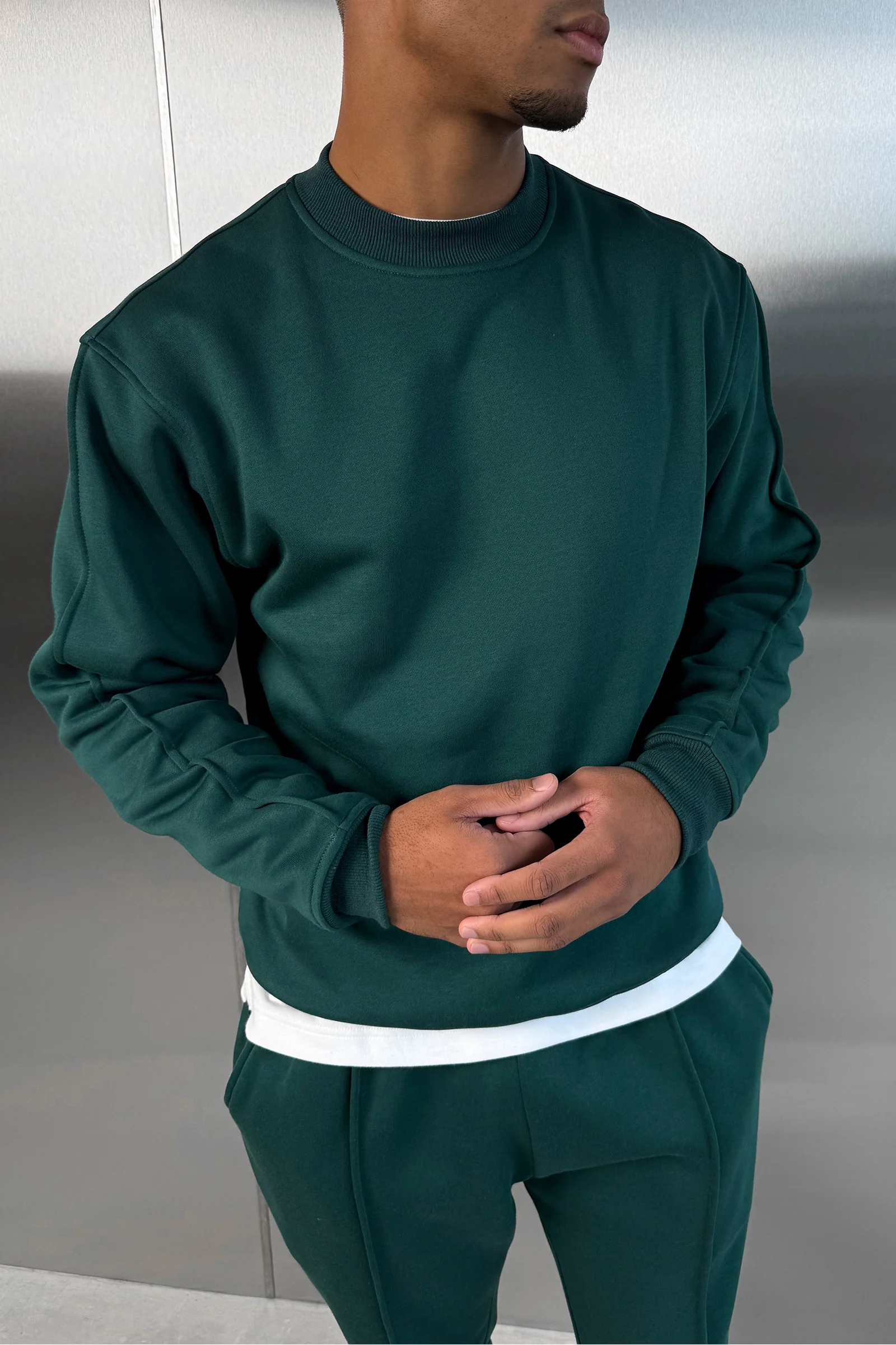 Extended Neck Crew Neck Sweatshirt - Dark Teal - Image 3