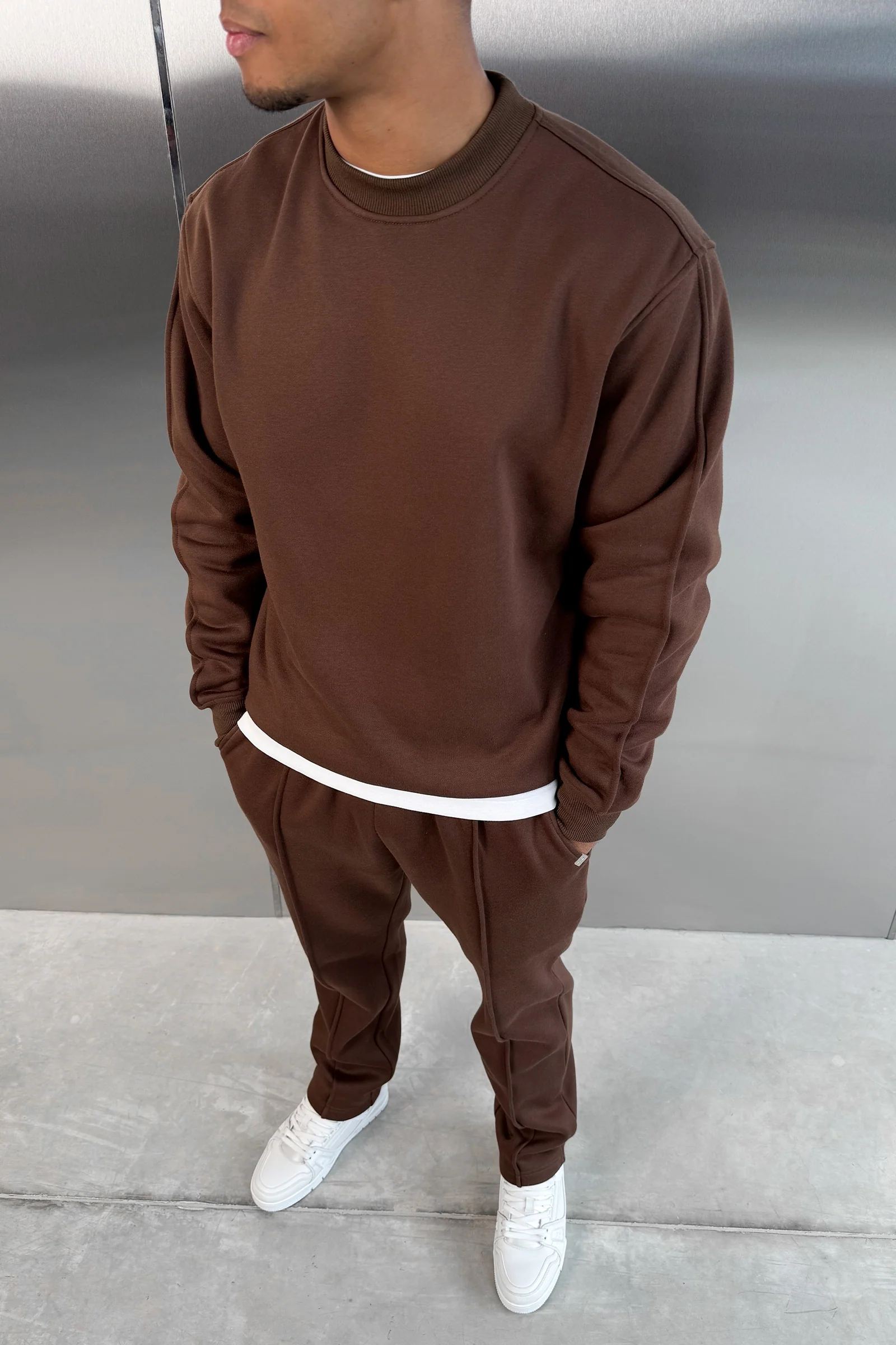 Extended Neck Crew Neck Sweatshirt - Mocha - Image 5