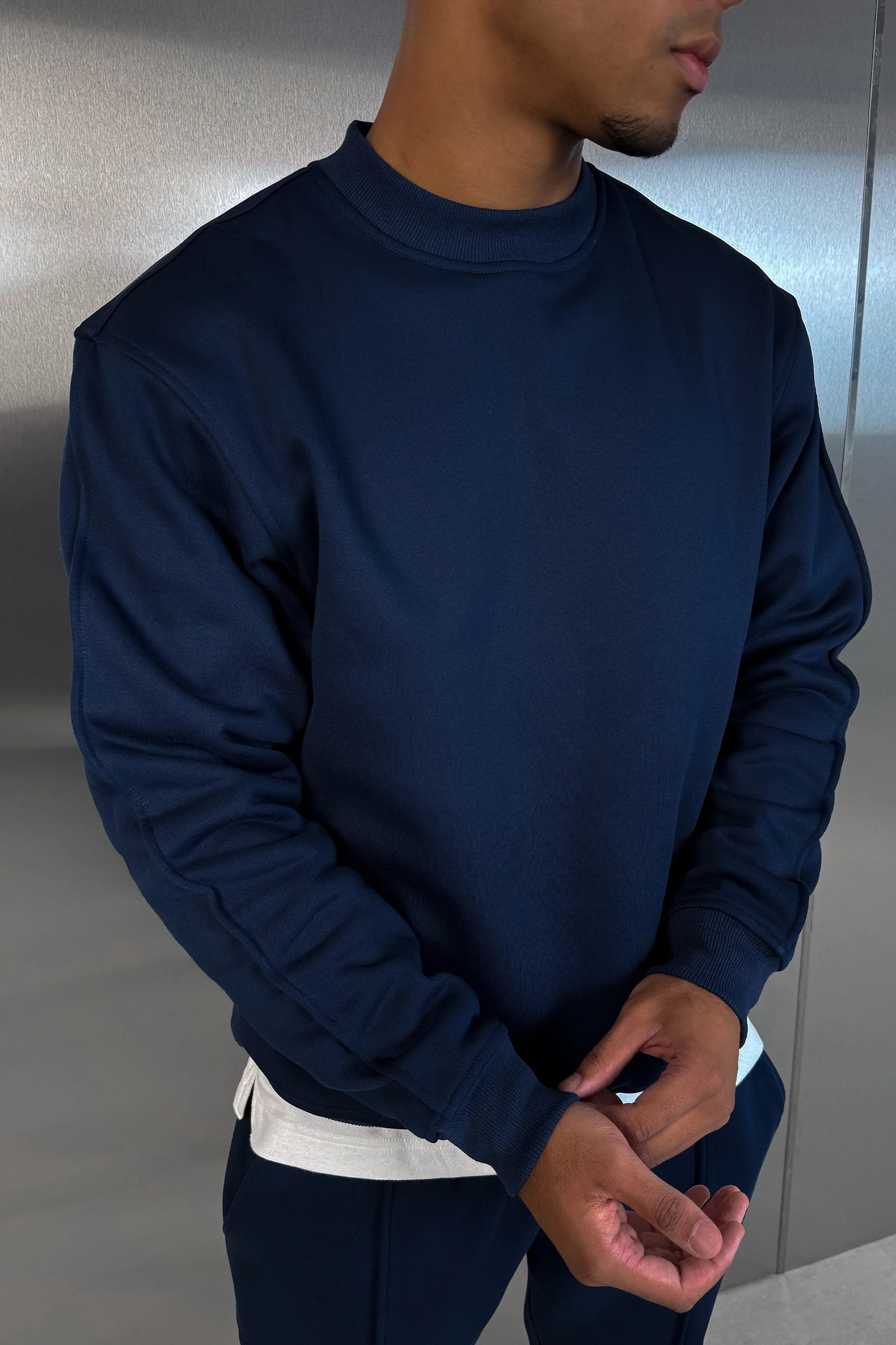 Extended Neck Crew Neck Sweatshirt - Navy - Image 4