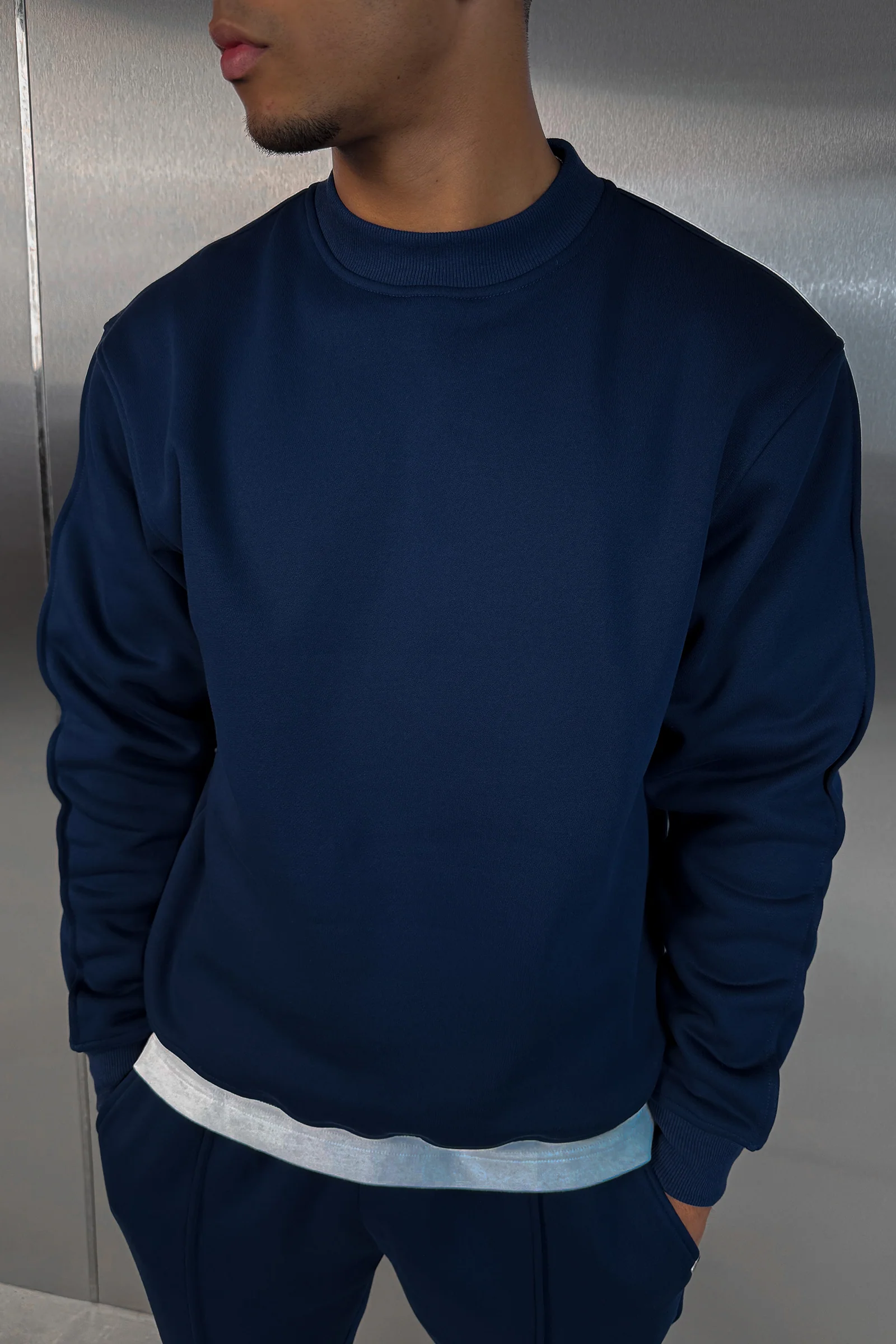 Extended Neck Crew Neck Sweatshirt - Navy - Image 5
