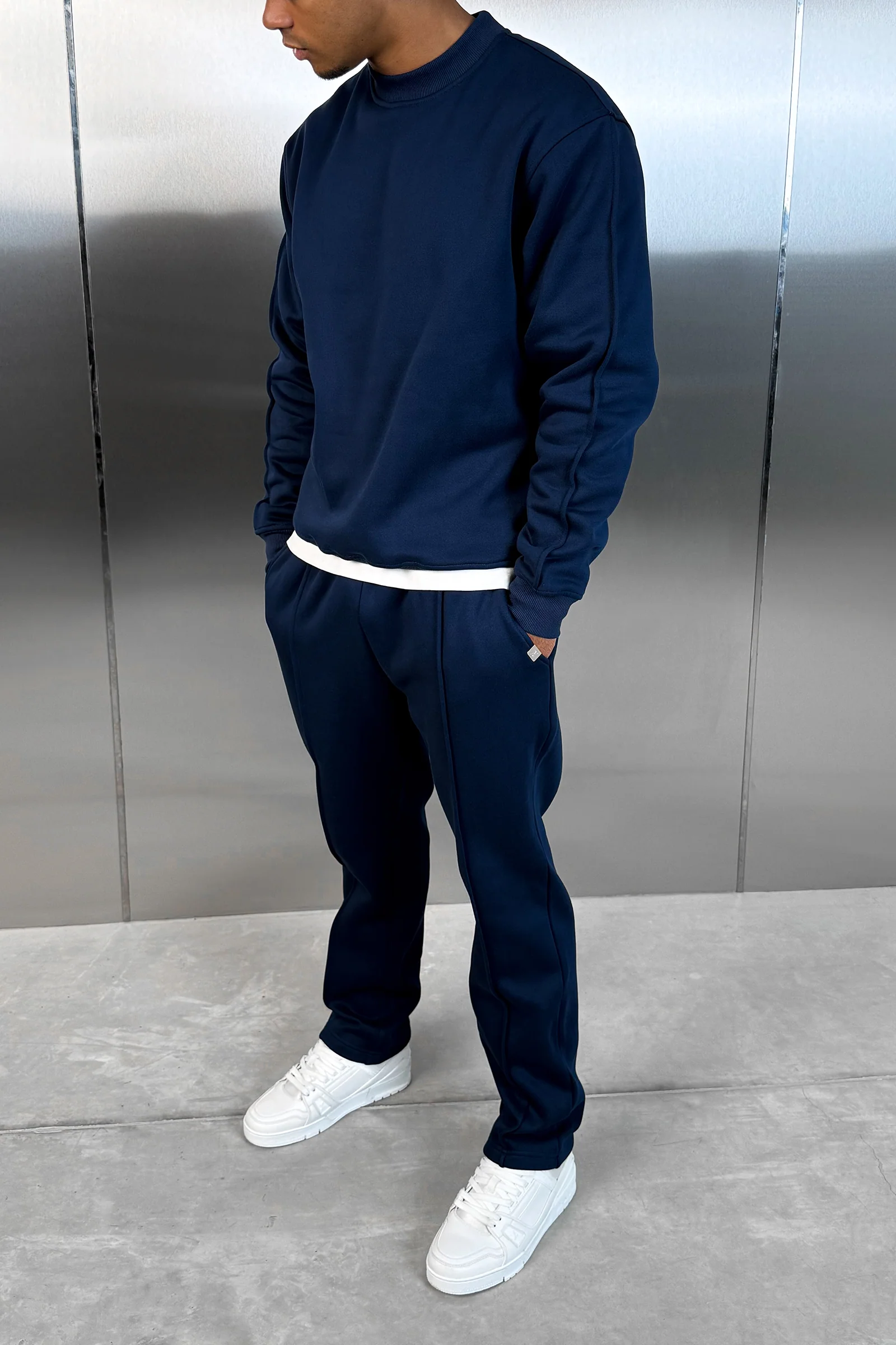 Extended Neck Crew Neck Sweatshirt - Navy - Image 6
