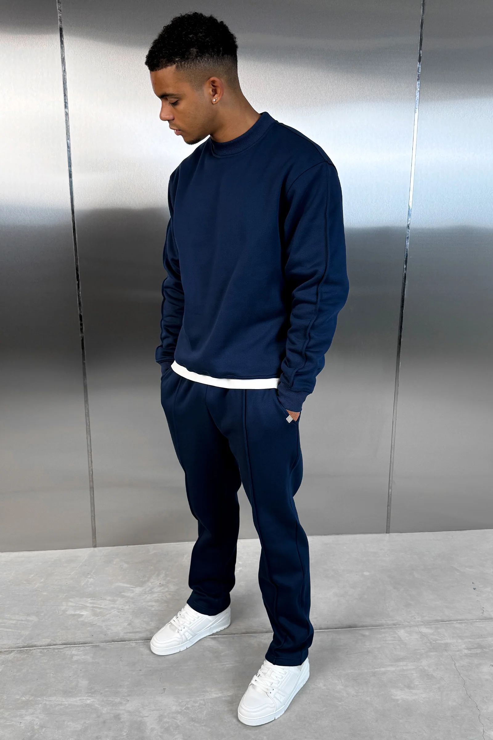 Extended Neck Crew Neck Sweatshirt - Navy - Image 7