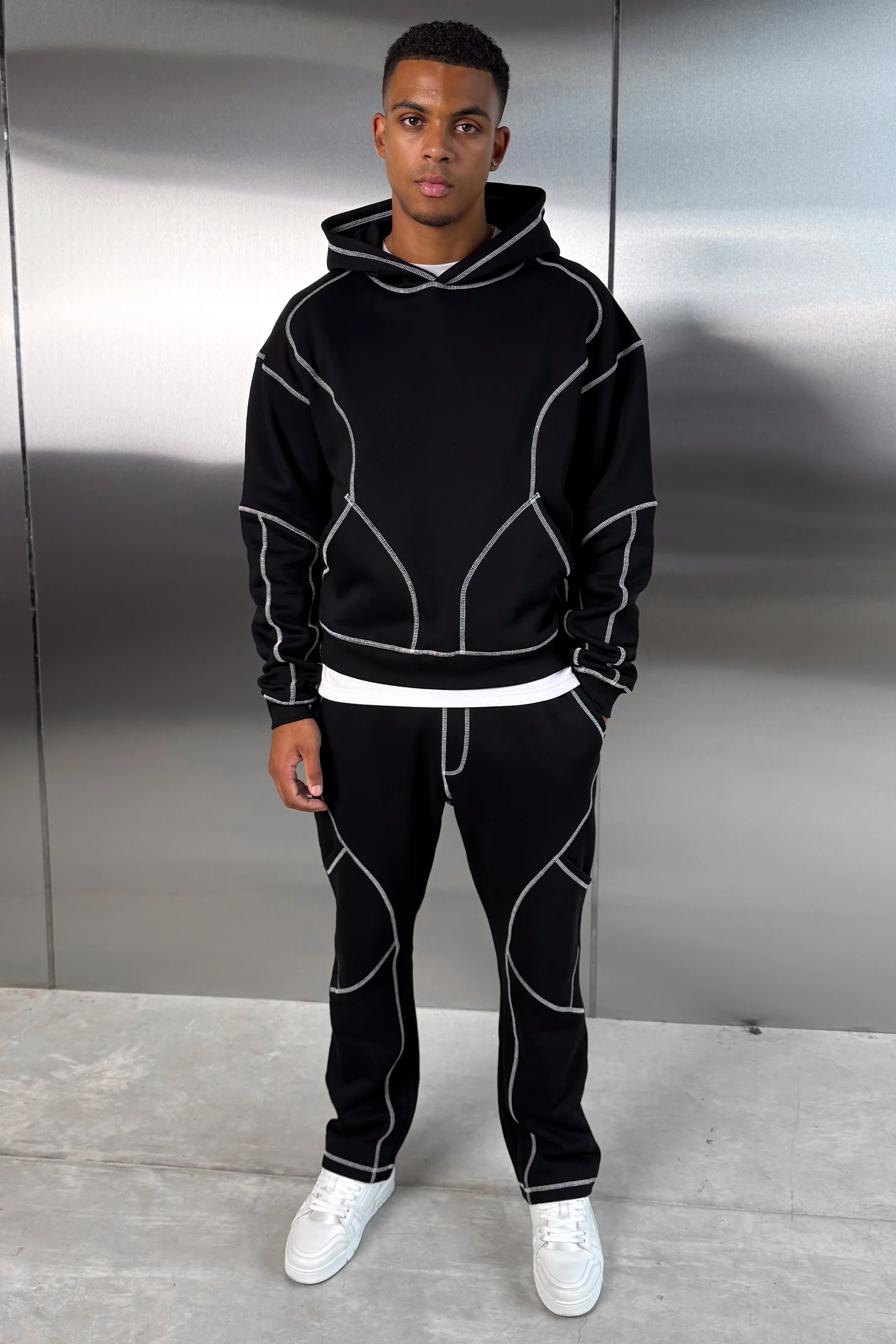 Contrast Stitch Pull Over Hoody - Black - Image 3