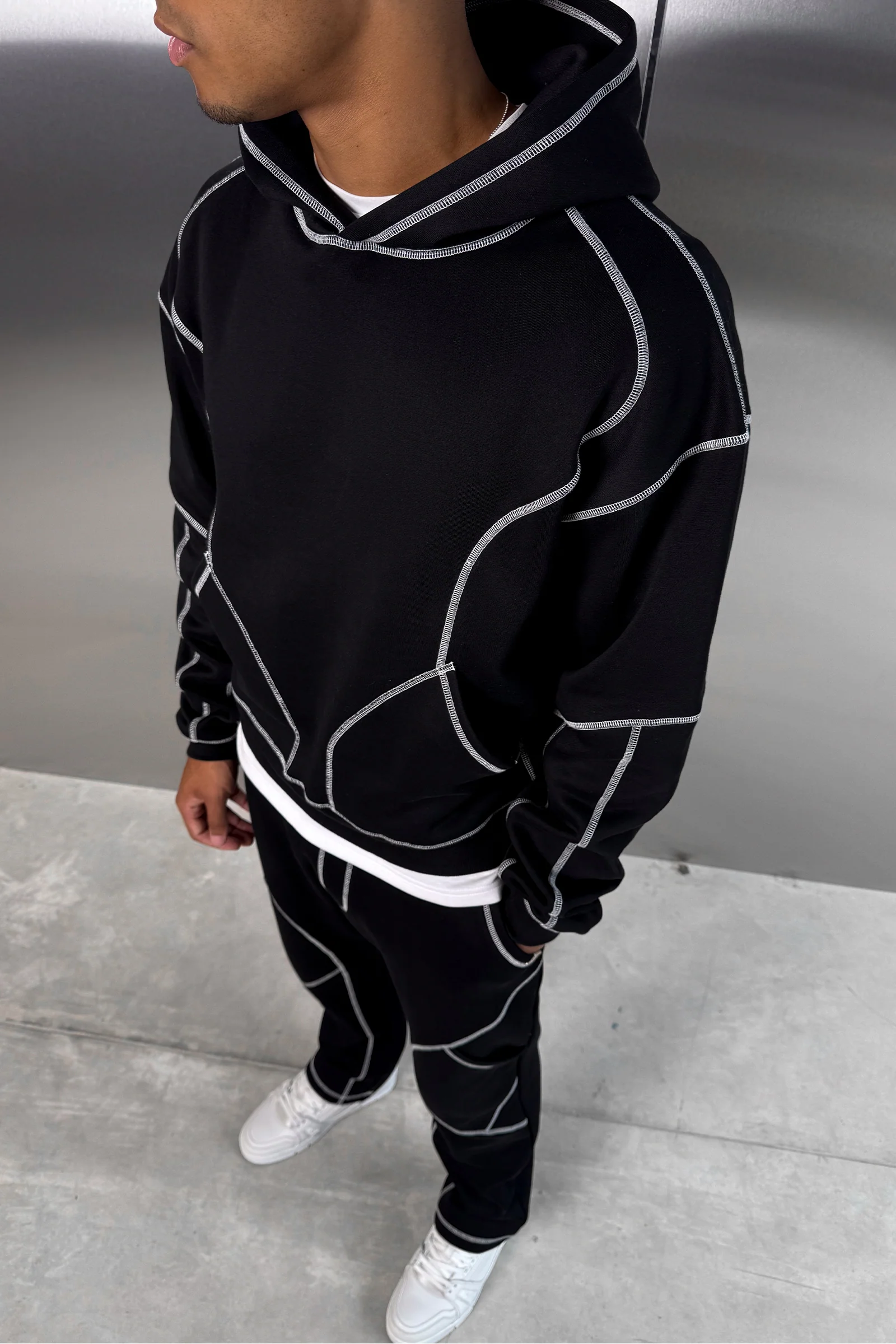 Contrast Stitch Pull Over Hoody - Black - Image 4