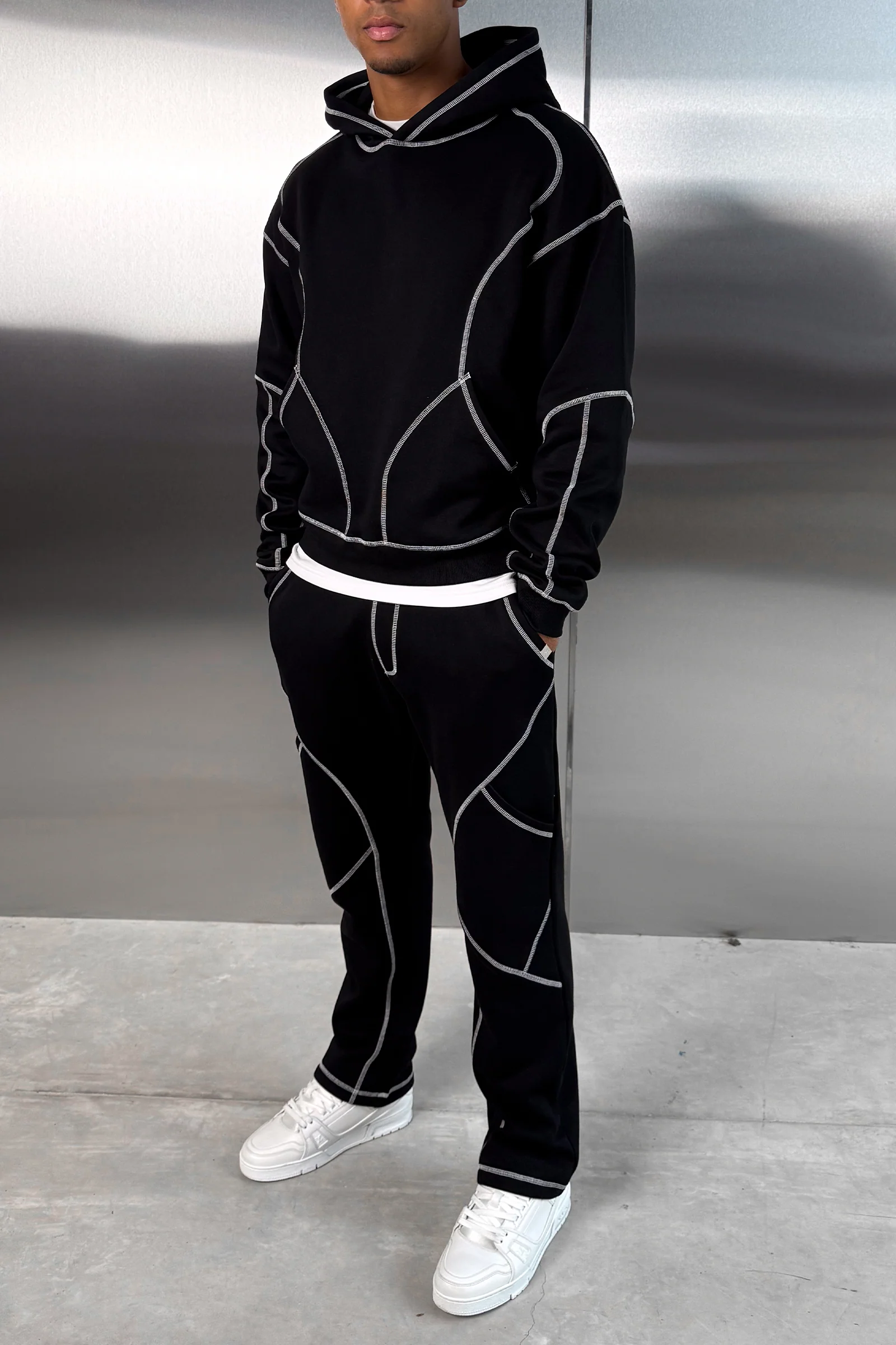 Contrast Stitch Pull Over Hoody - Black - Image 5