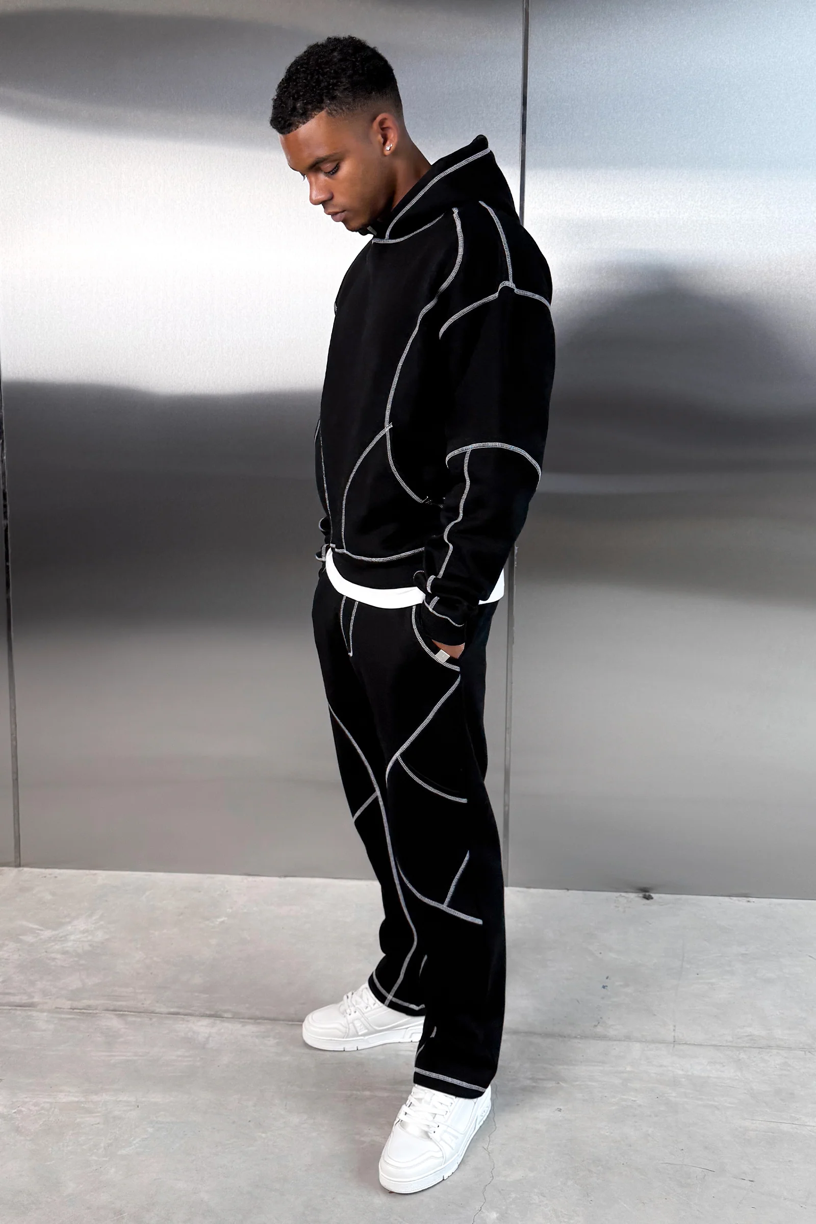 Contrast Stitch Pull Over Hoody - Black - Image 6