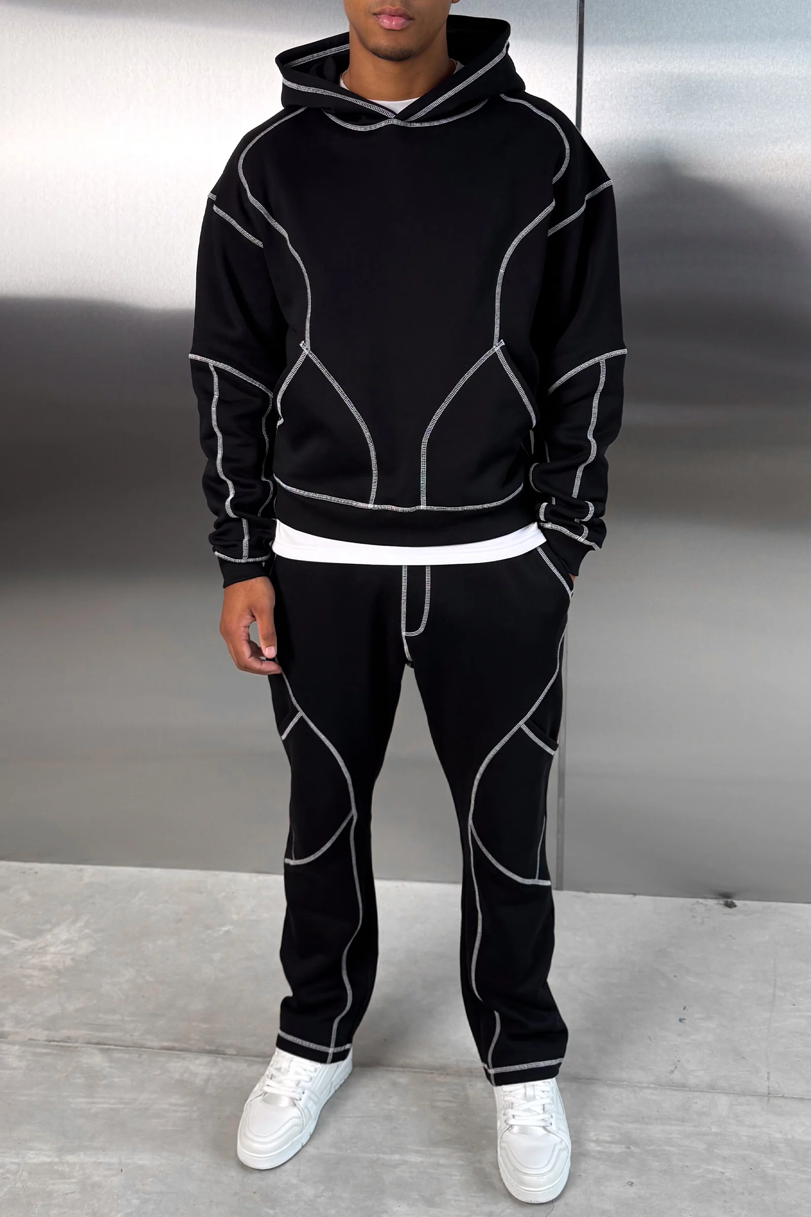 Contrast Stitch Pull Over Hoody - Black - Image 7