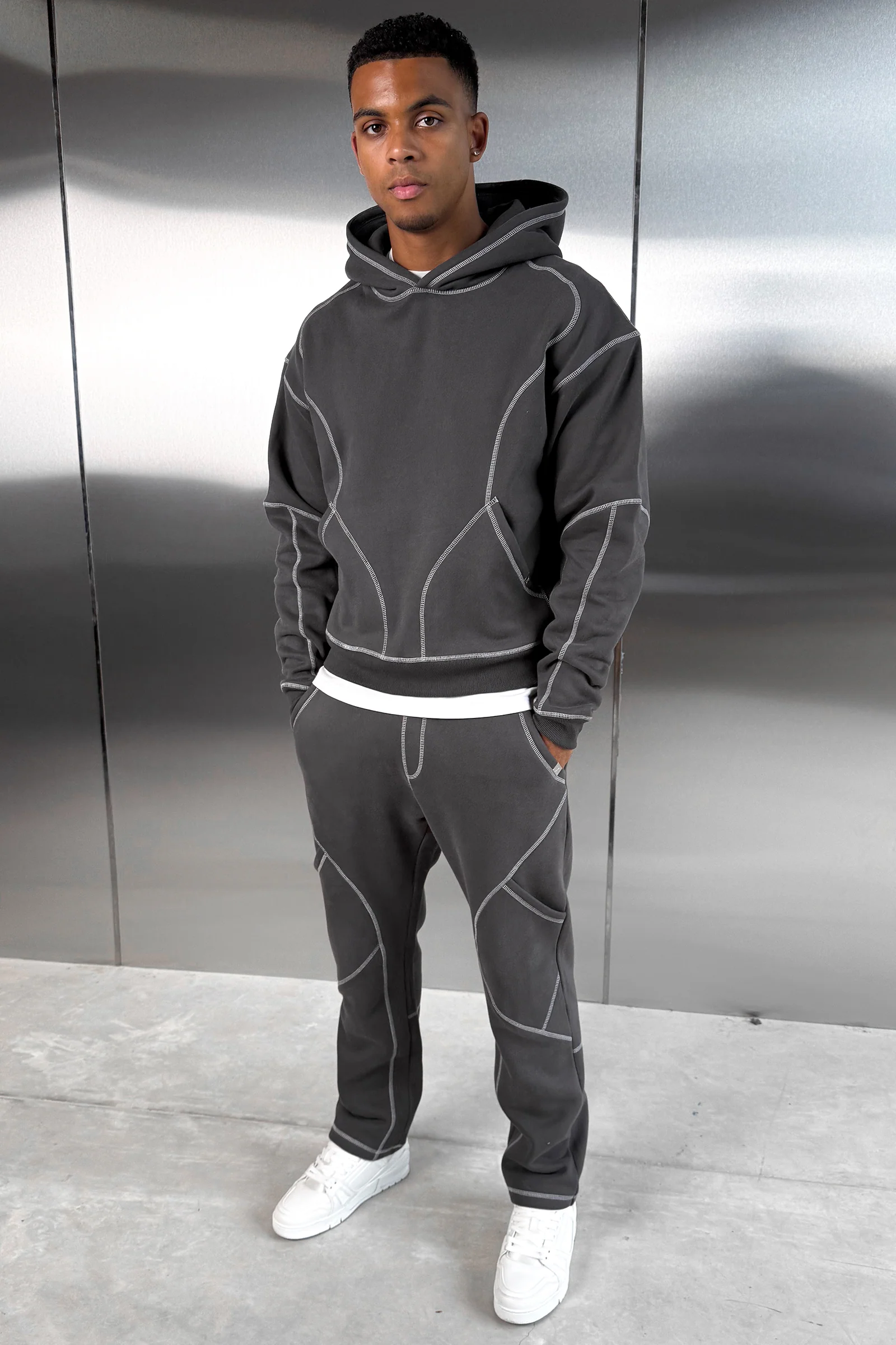 Contrast Stitch Pull Over Hoody - Charcoal - Image 5