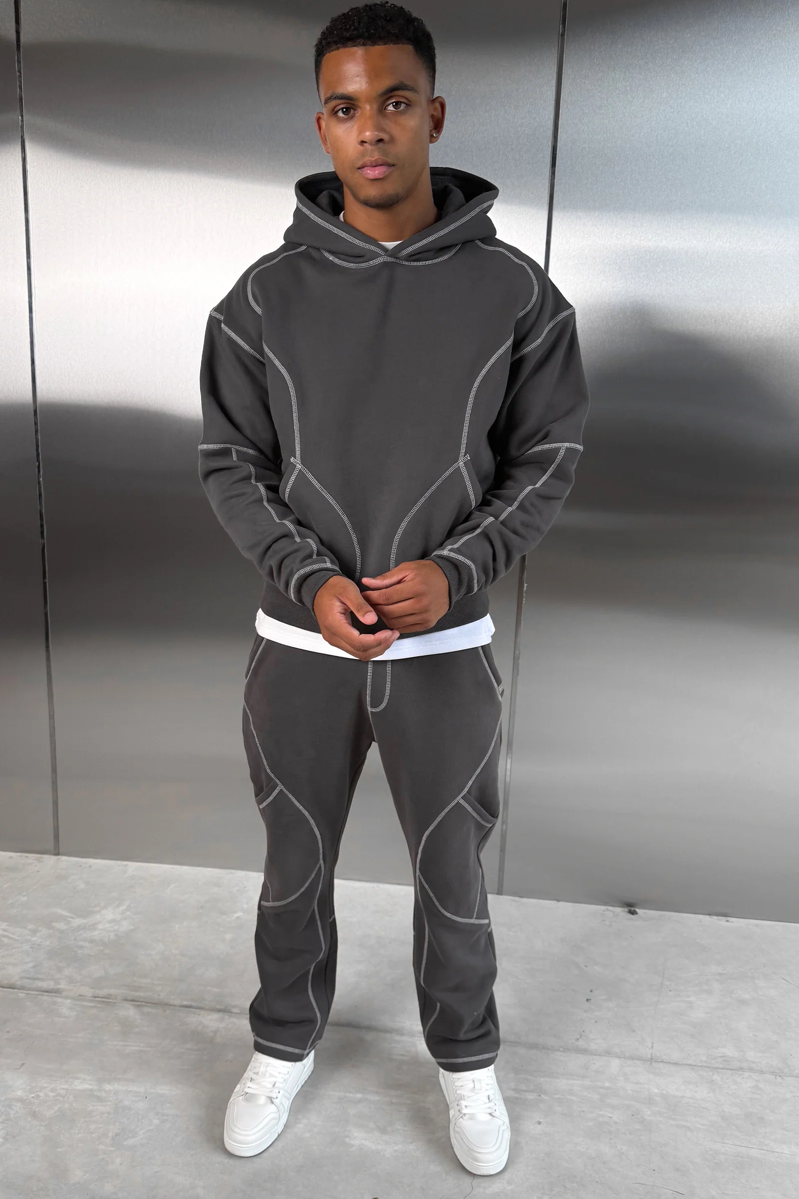 Contrast Stitch Pull Over Hoody - Charcoal - Image 6