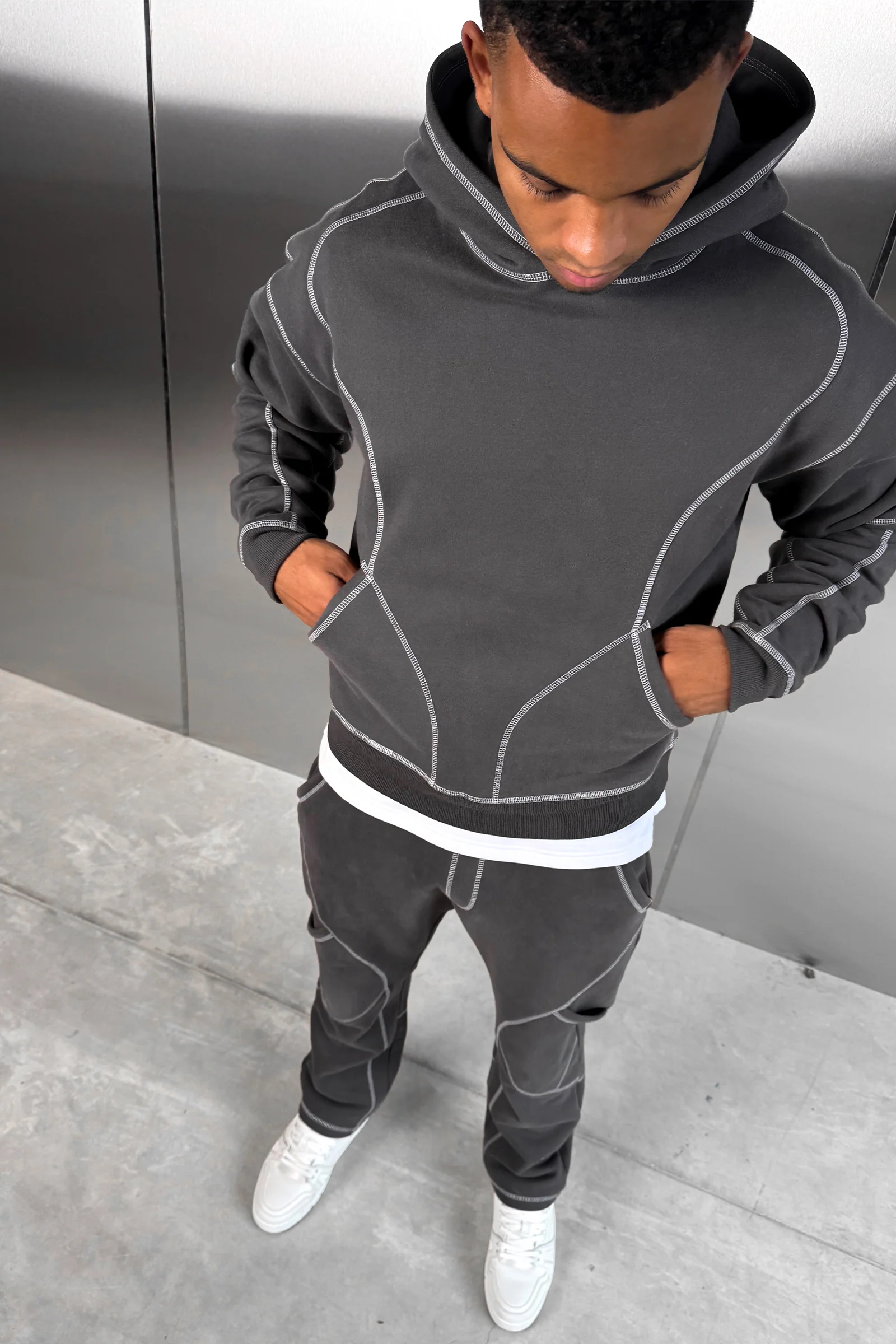 Contrast Stitch Pull Over Hoody - Charcoal - Image 7