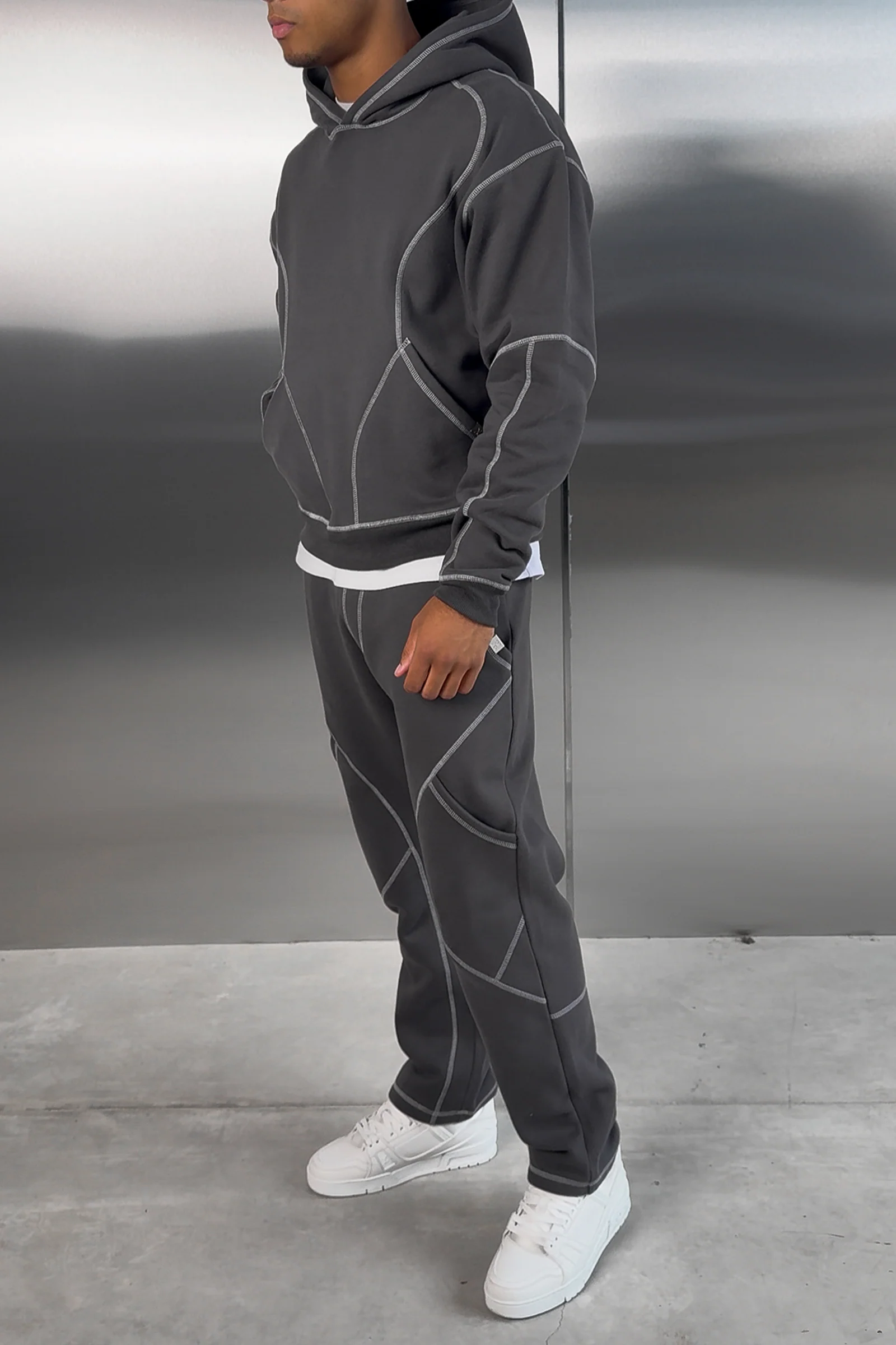 Contrast Stitch Pull Over Hoody - Charcoal - Image 8