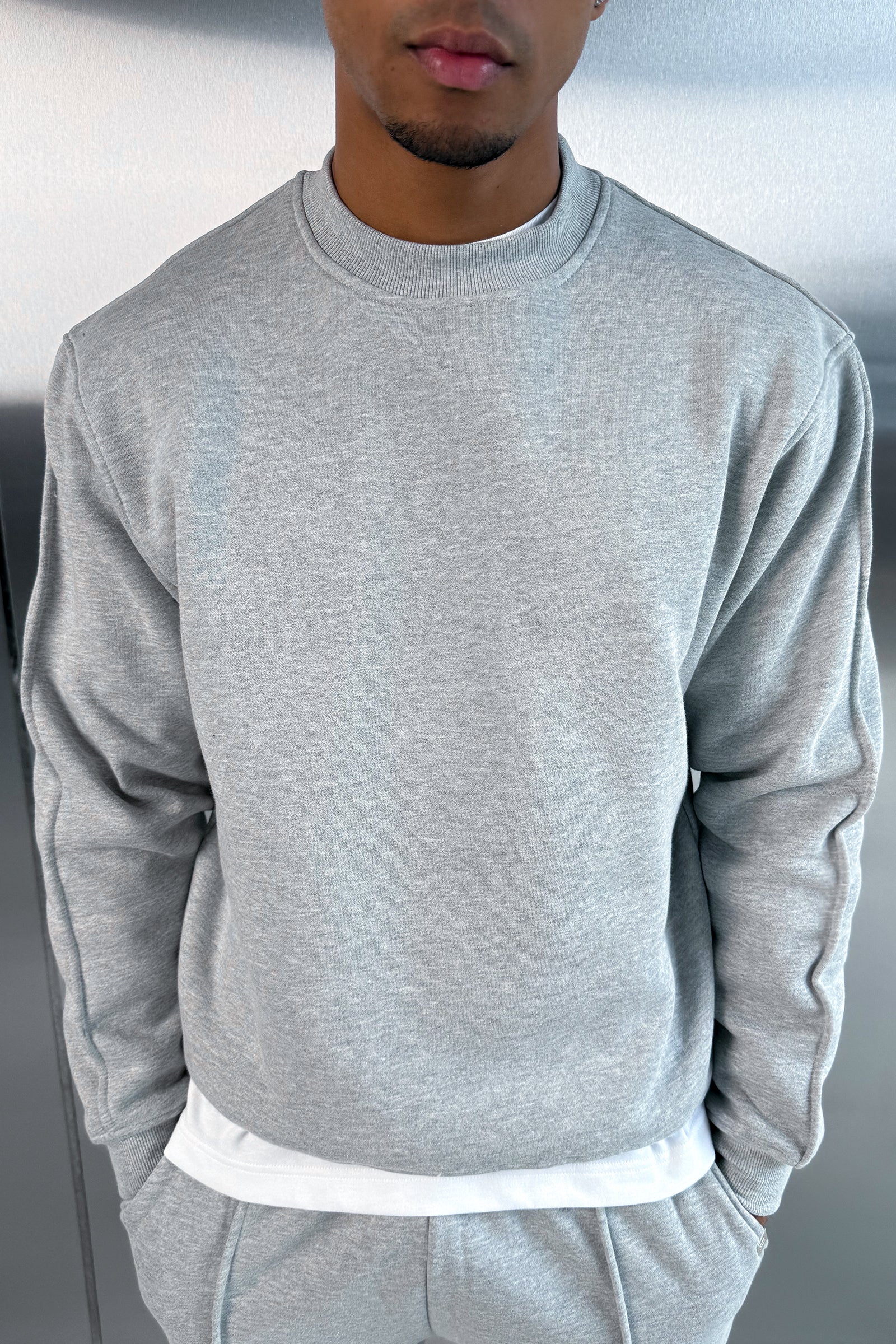 Extended Neck Crew Neck Sweatshirt - Grey Marl - Image 3
