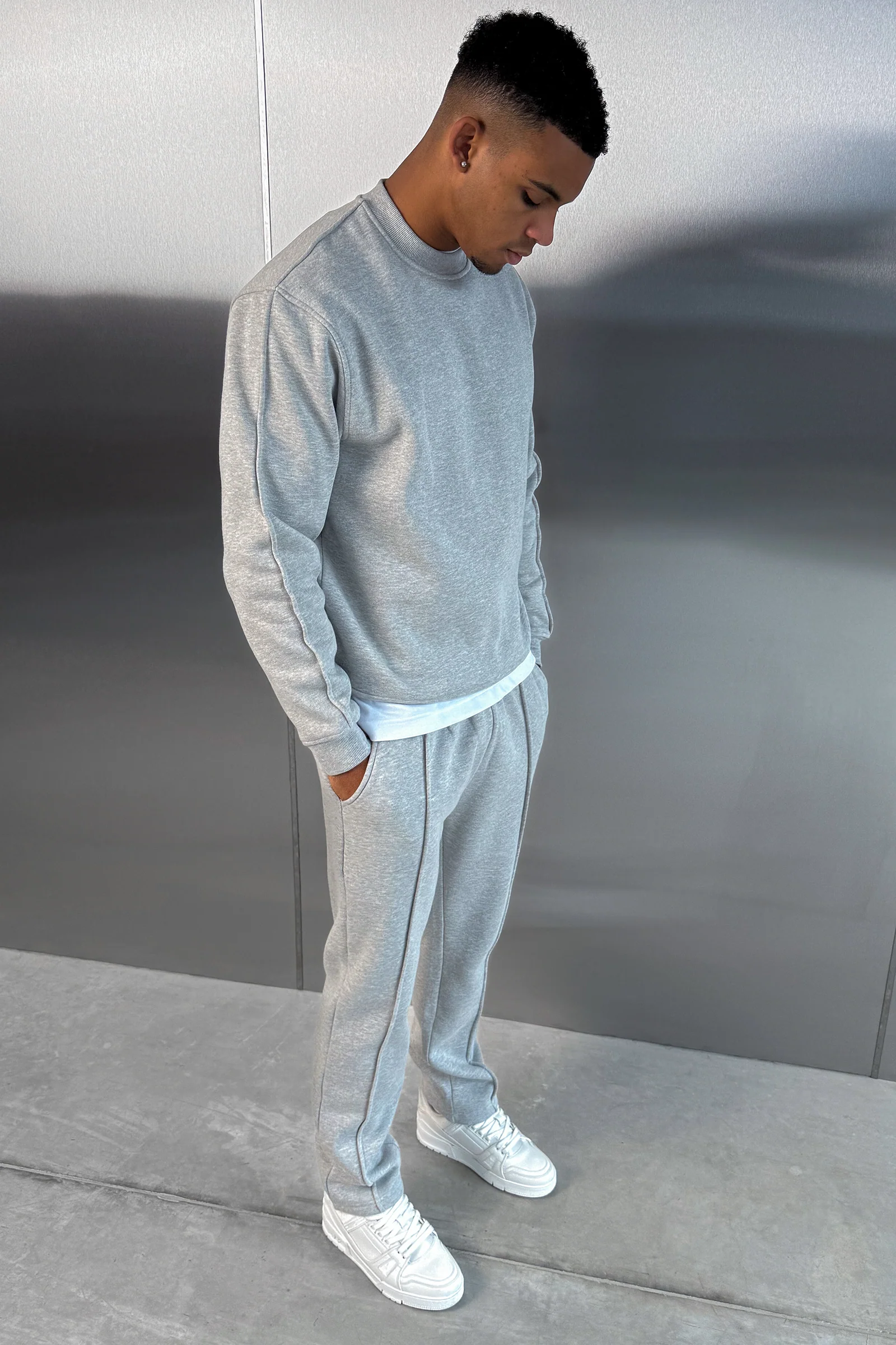 Extended Neck Crew Neck Sweatshirt - Grey Marl - Image 4