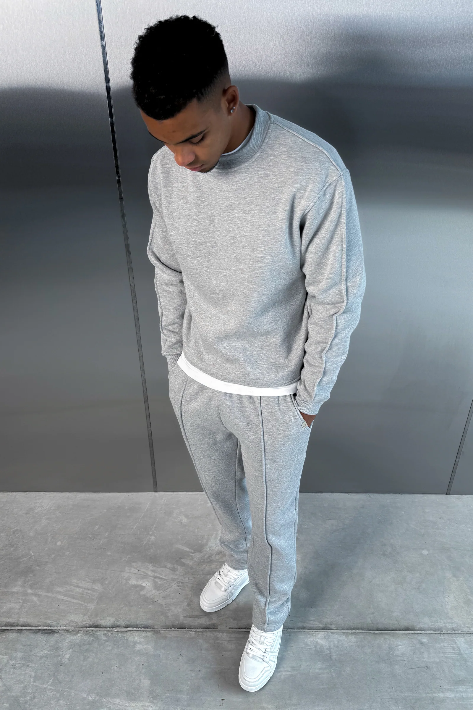 Extended Neck Crew Neck Sweatshirt - Grey Marl - Image 5