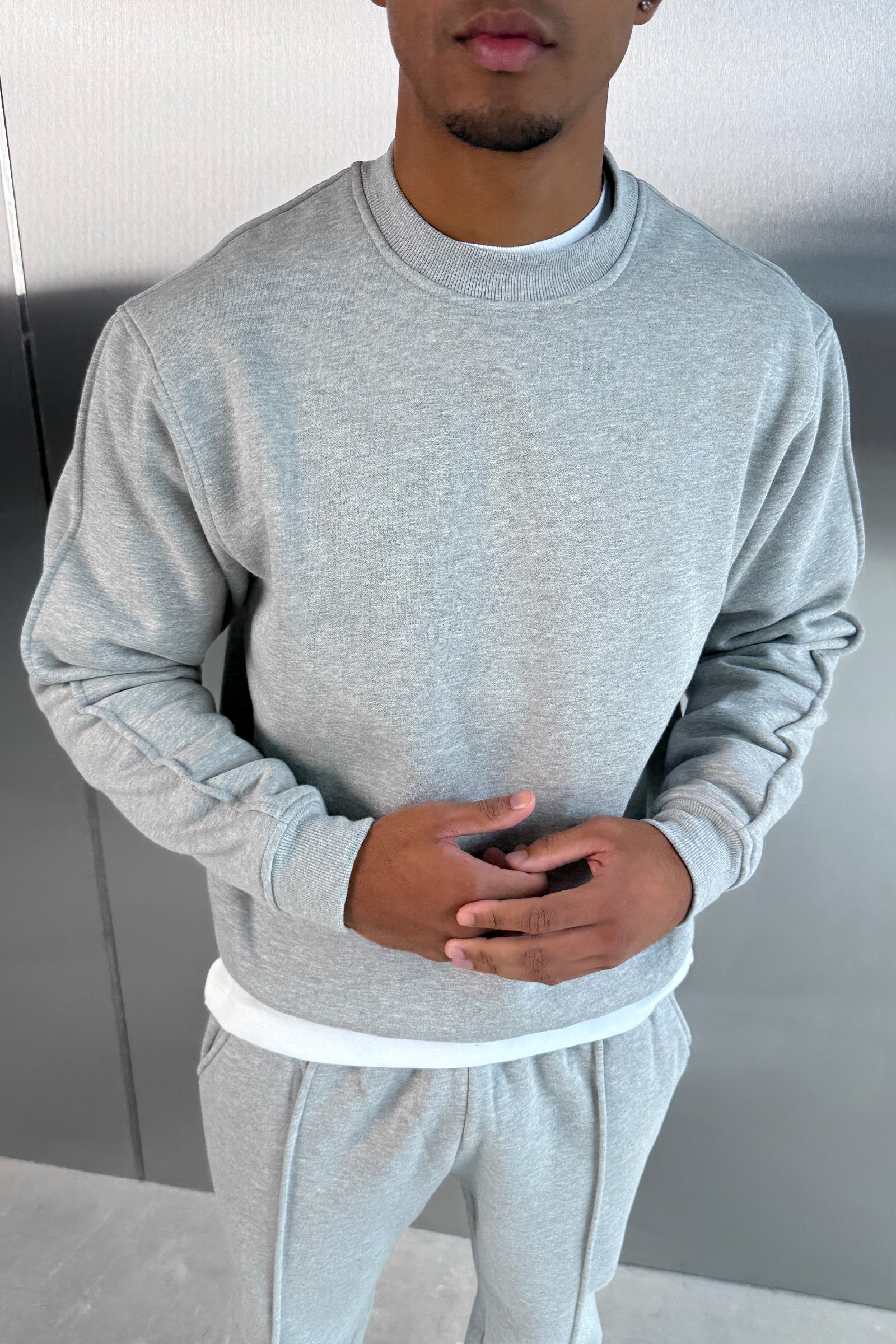 Extended Neck Crew Neck Sweatshirt - Grey Marl - Image 6