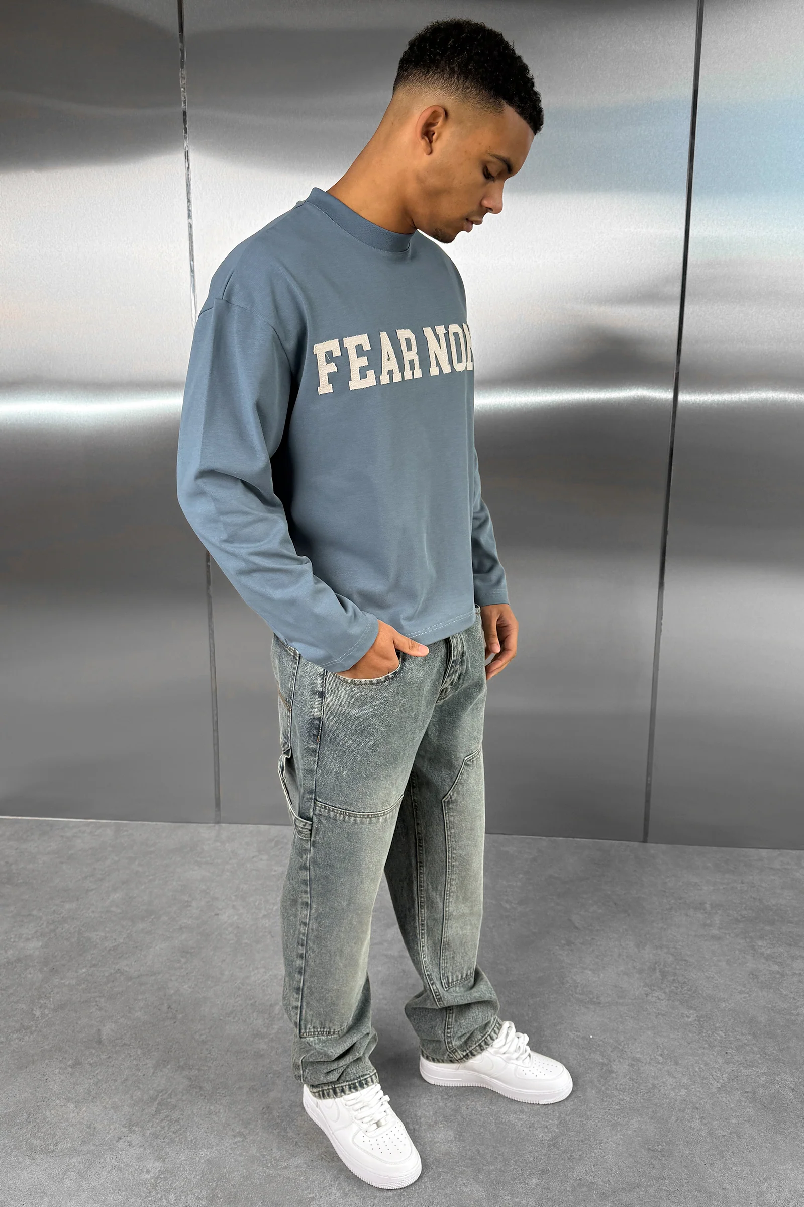 Fear None Boxy Long Sleeve T-Shirt - Blue - Image 3