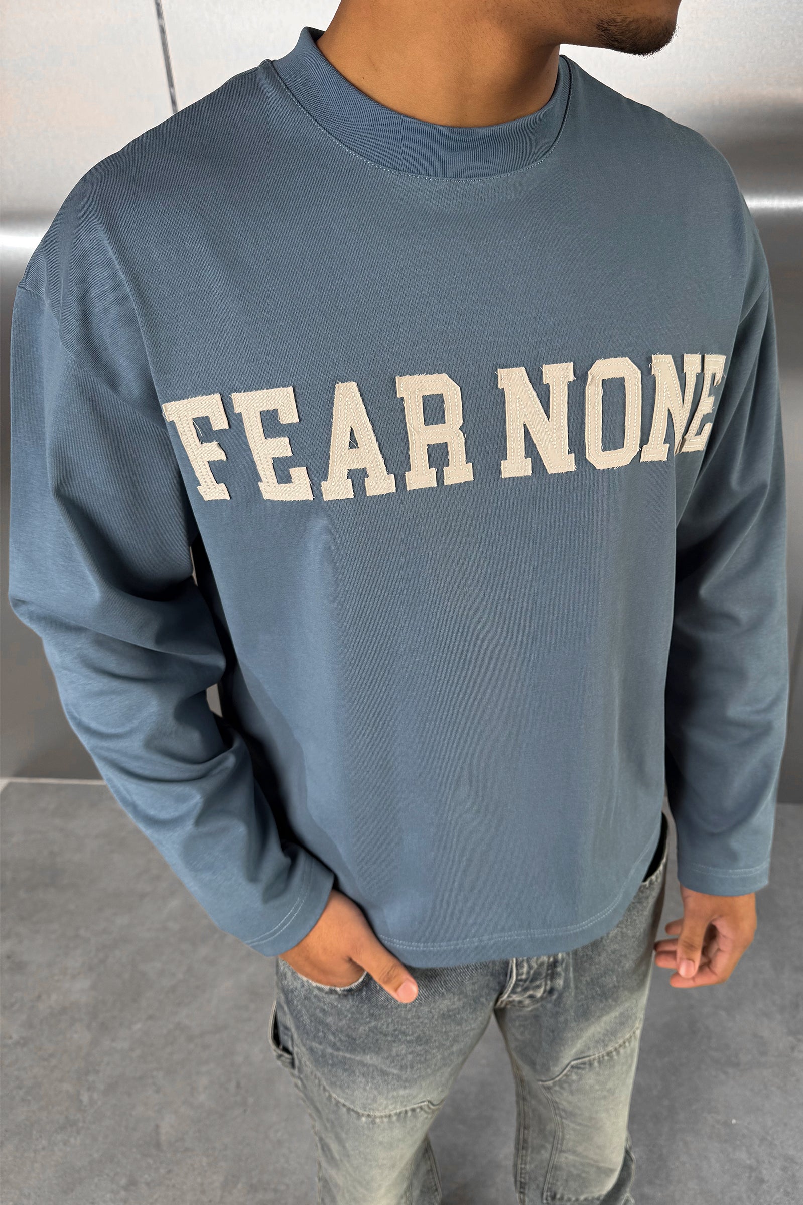 Fear None Boxy Long Sleeve T-Shirt - Blue - Image 4