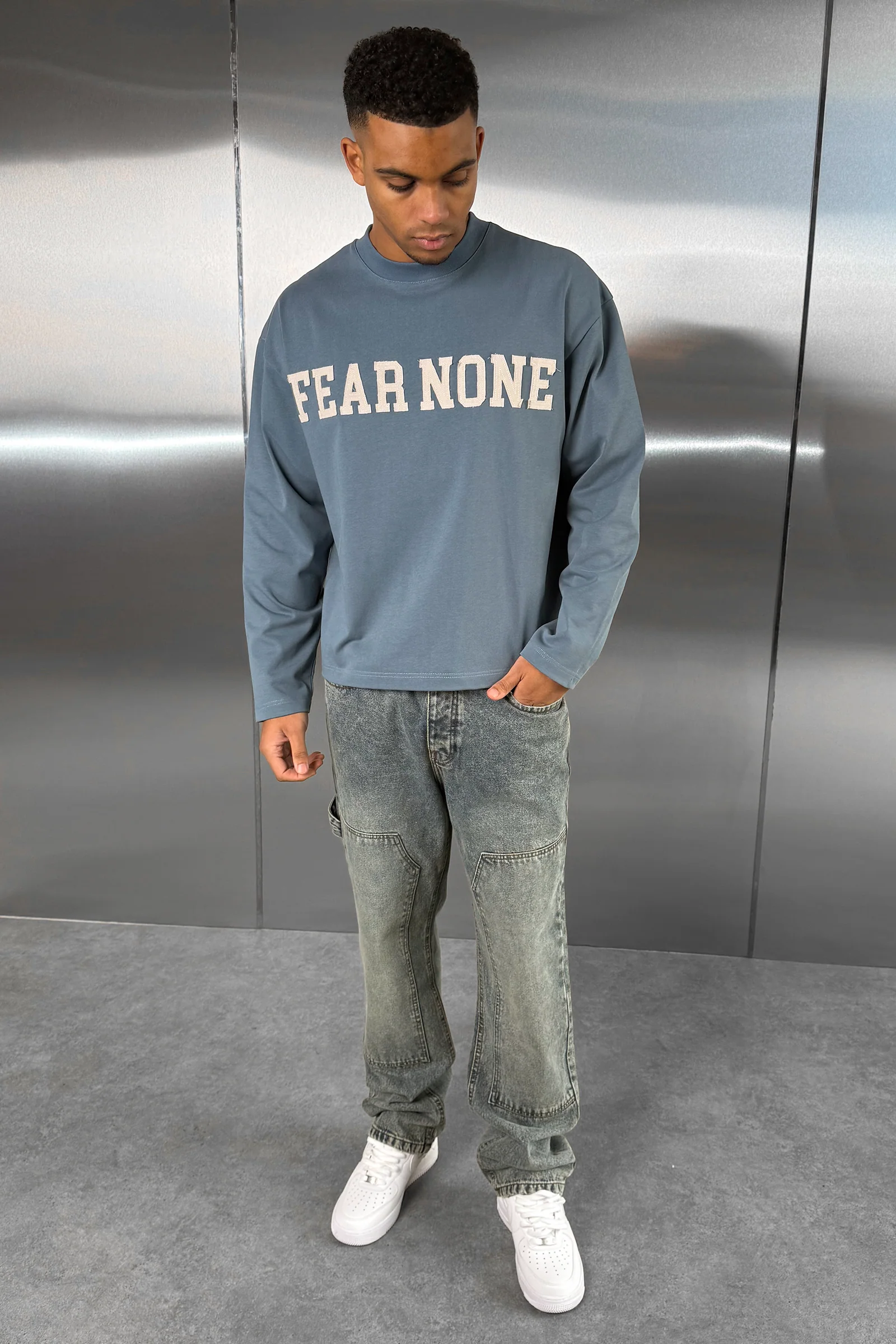 Fear None Boxy Long Sleeve T-Shirt - Blue - Image 5