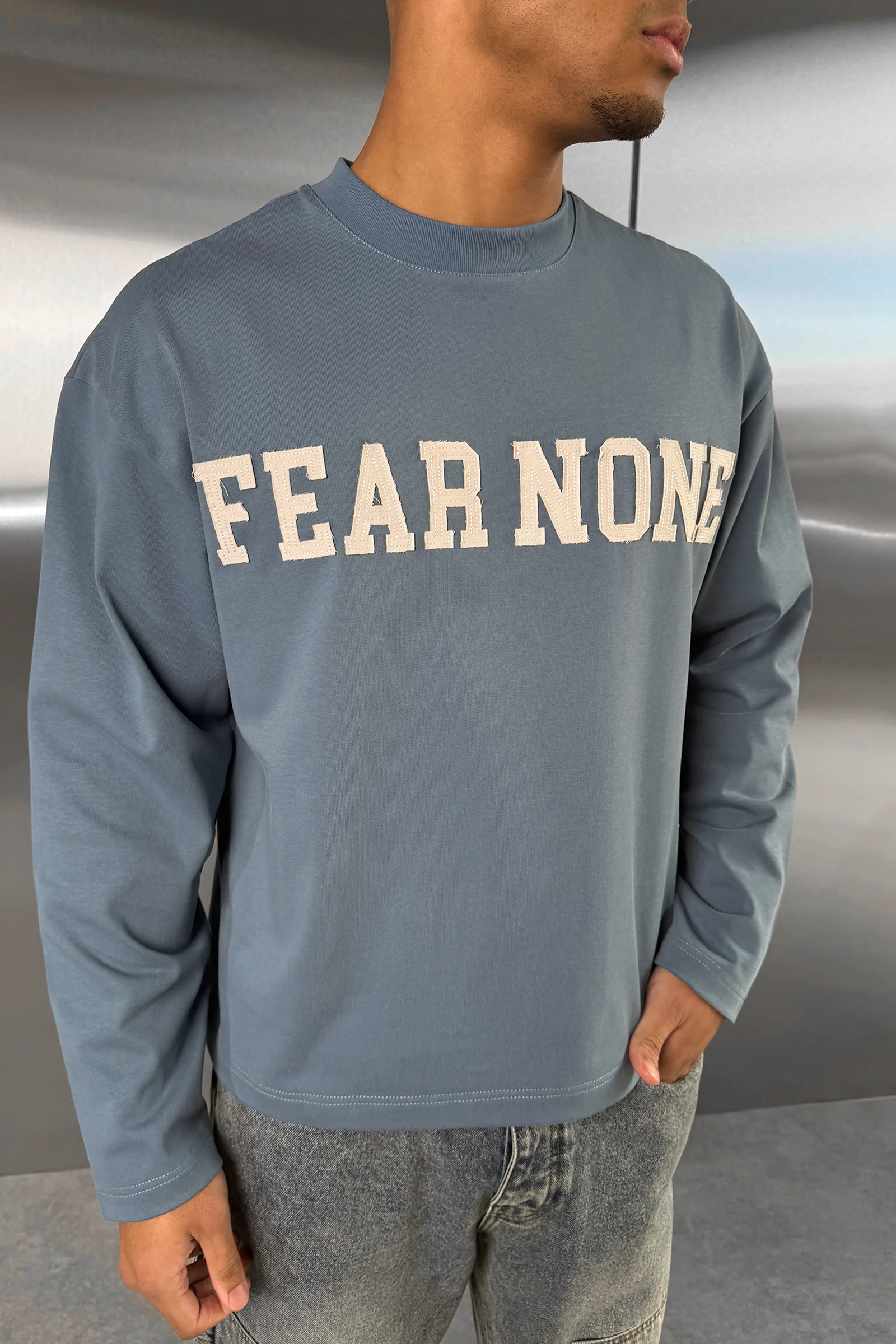 Fear None Boxy Long Sleeve T-Shirt - Blue - Image 7