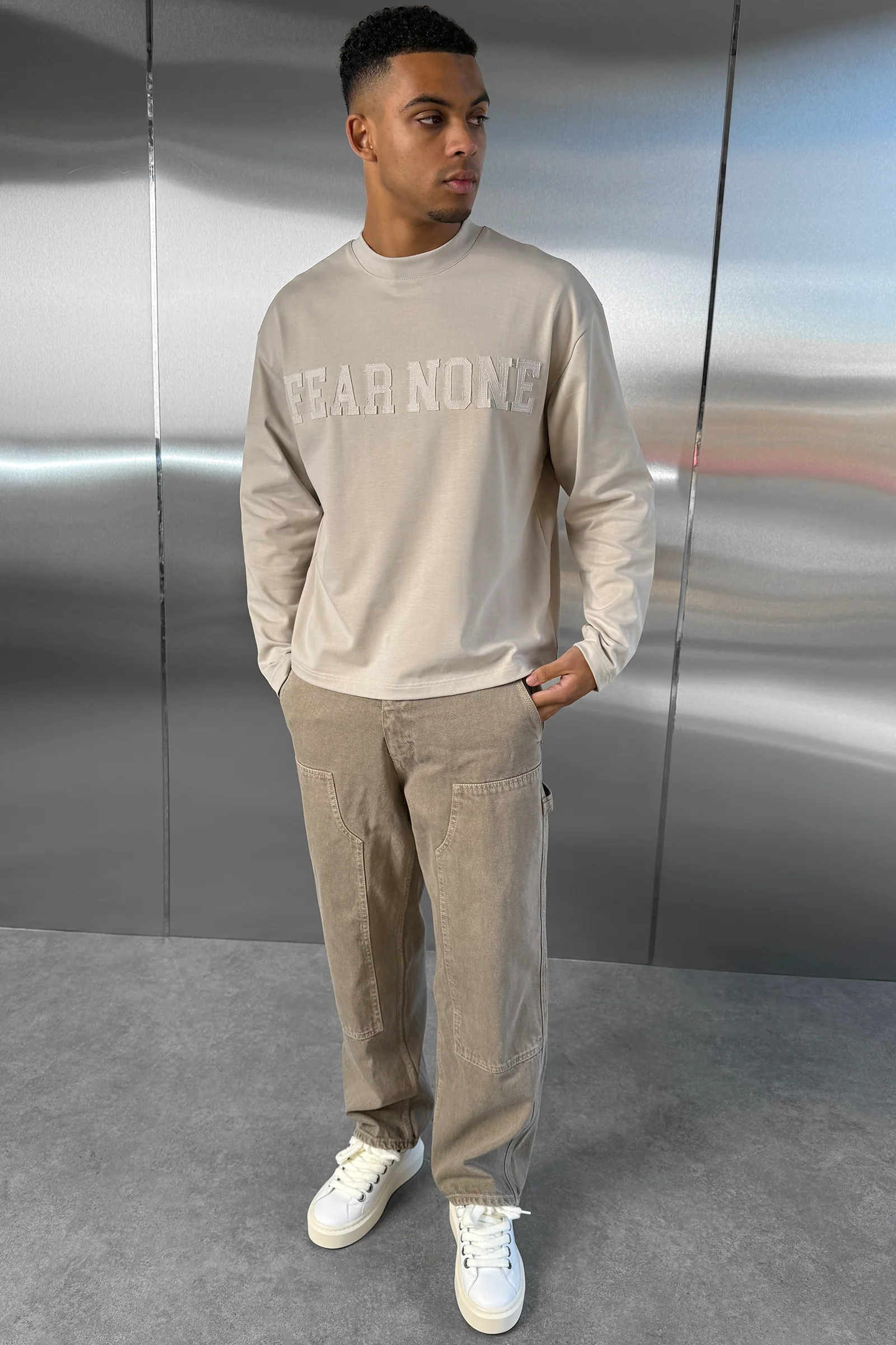 Fear None Boxy Long Sleeve T-Shirt - Stone - Image 11