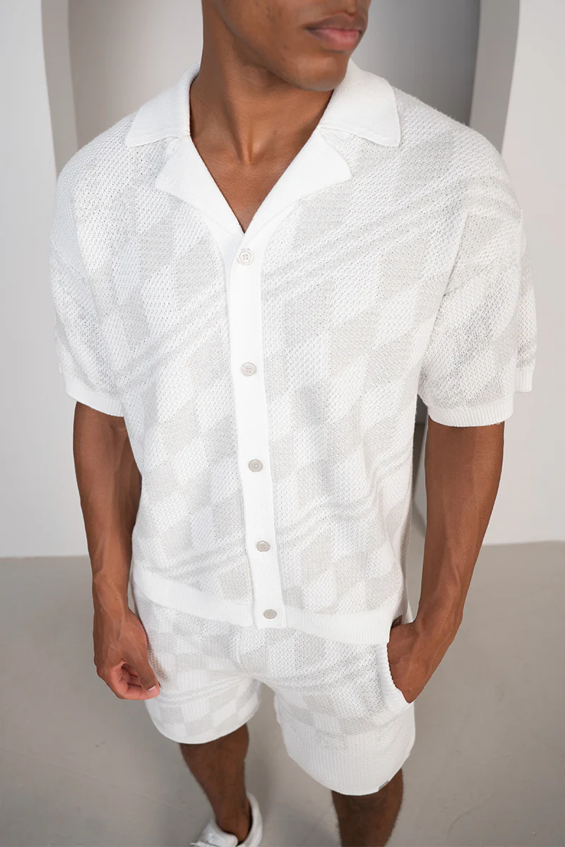 Knitted Checked Shorts - Grey/White - Image 4