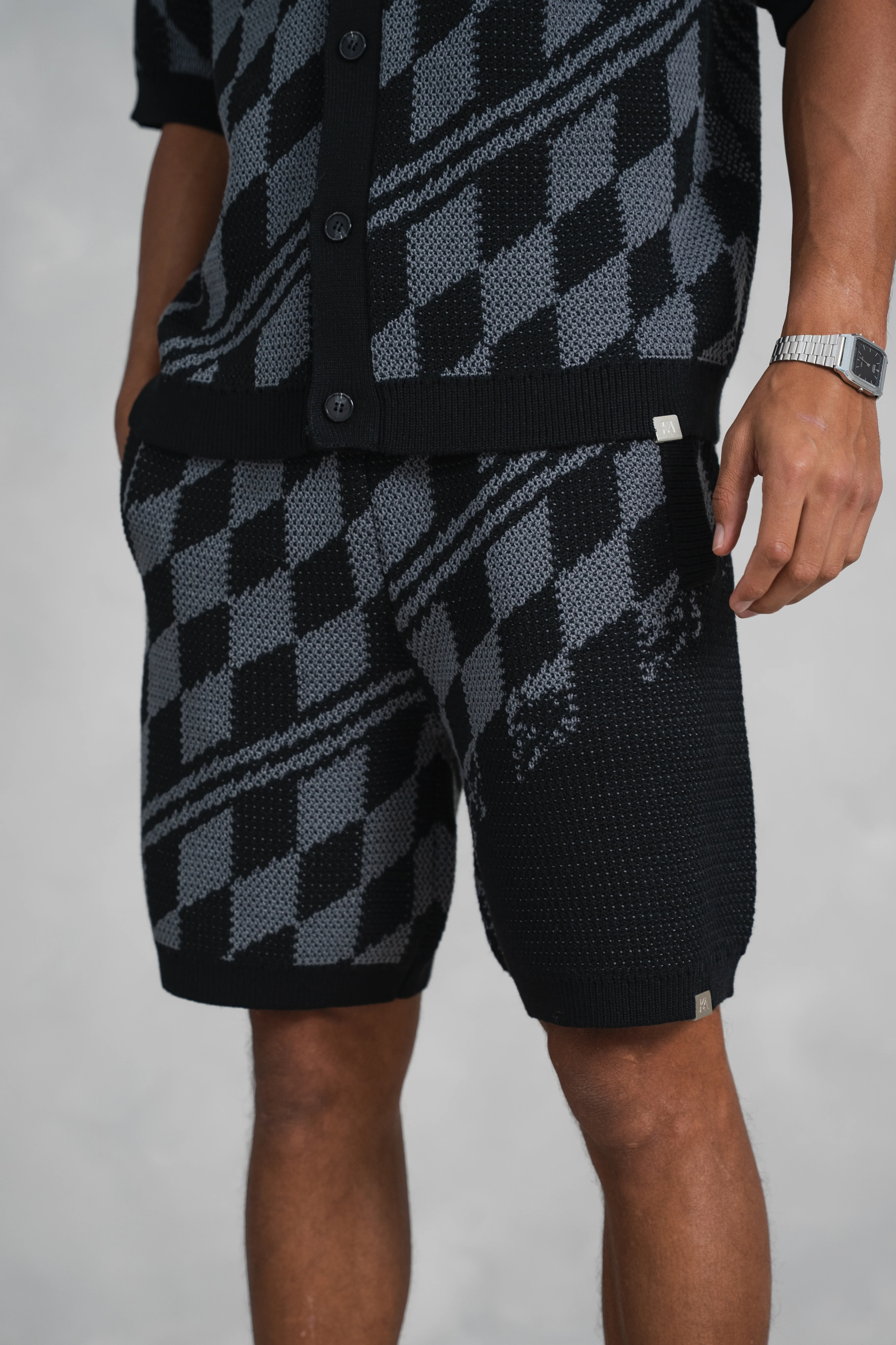 Knitted Checked Shorts - Black/Charcoal - Image 3