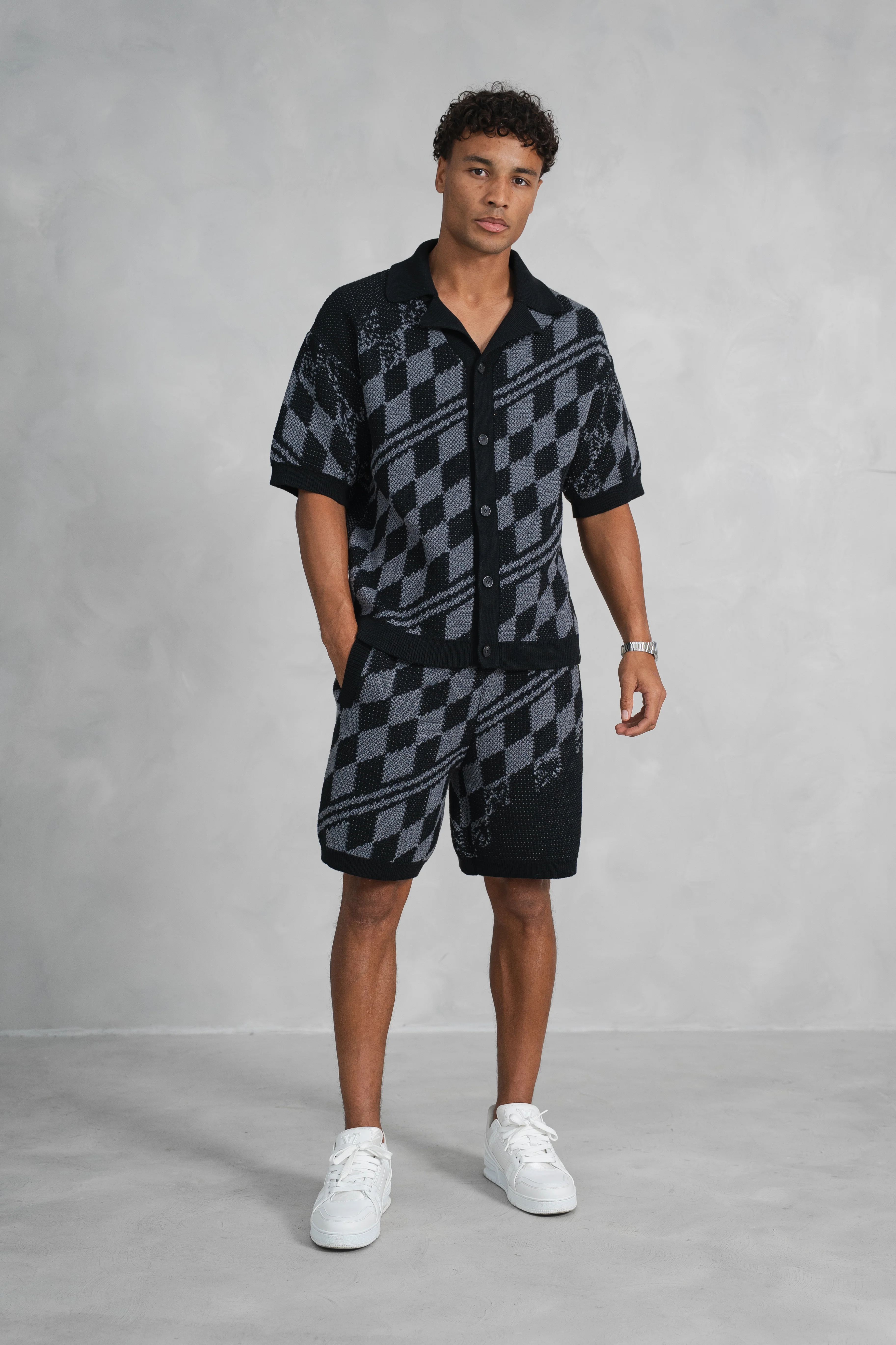 Knitted Checked Shorts - Black/Charcoal - Image 4