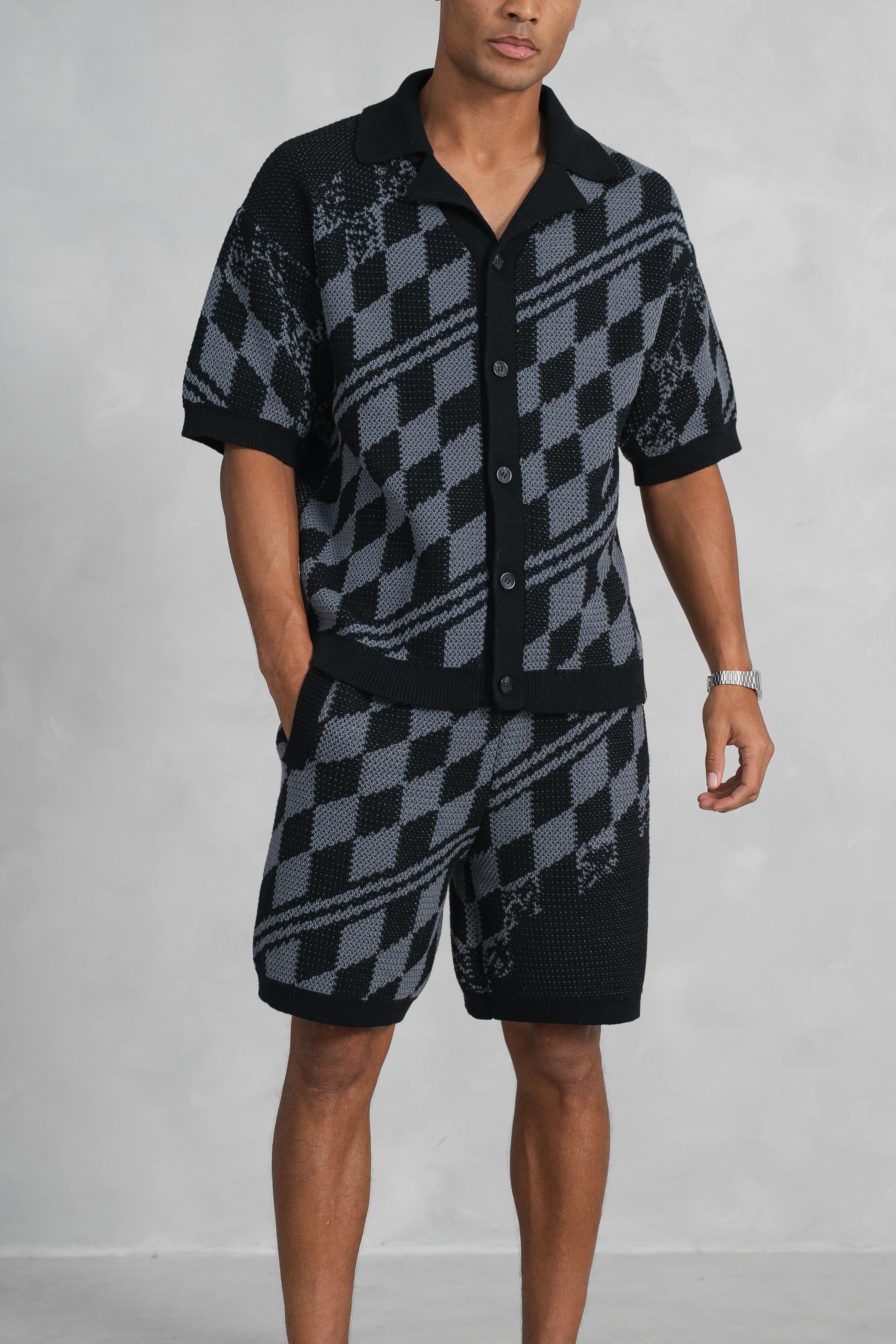 Knitted Checked Shorts - Black/Charcoal - Image 5