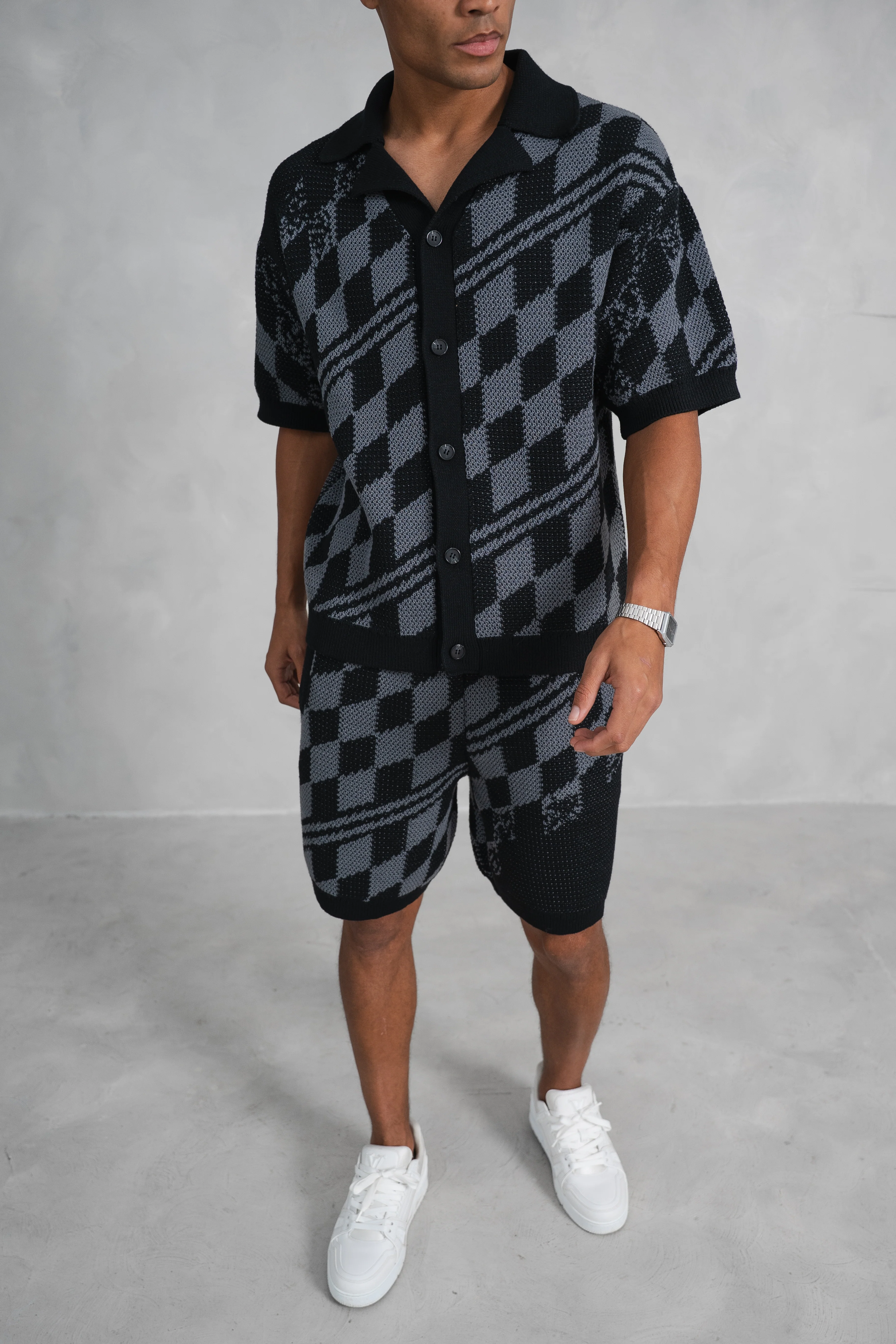 Knitted Checked Shorts - Black/Charcoal - Image 6