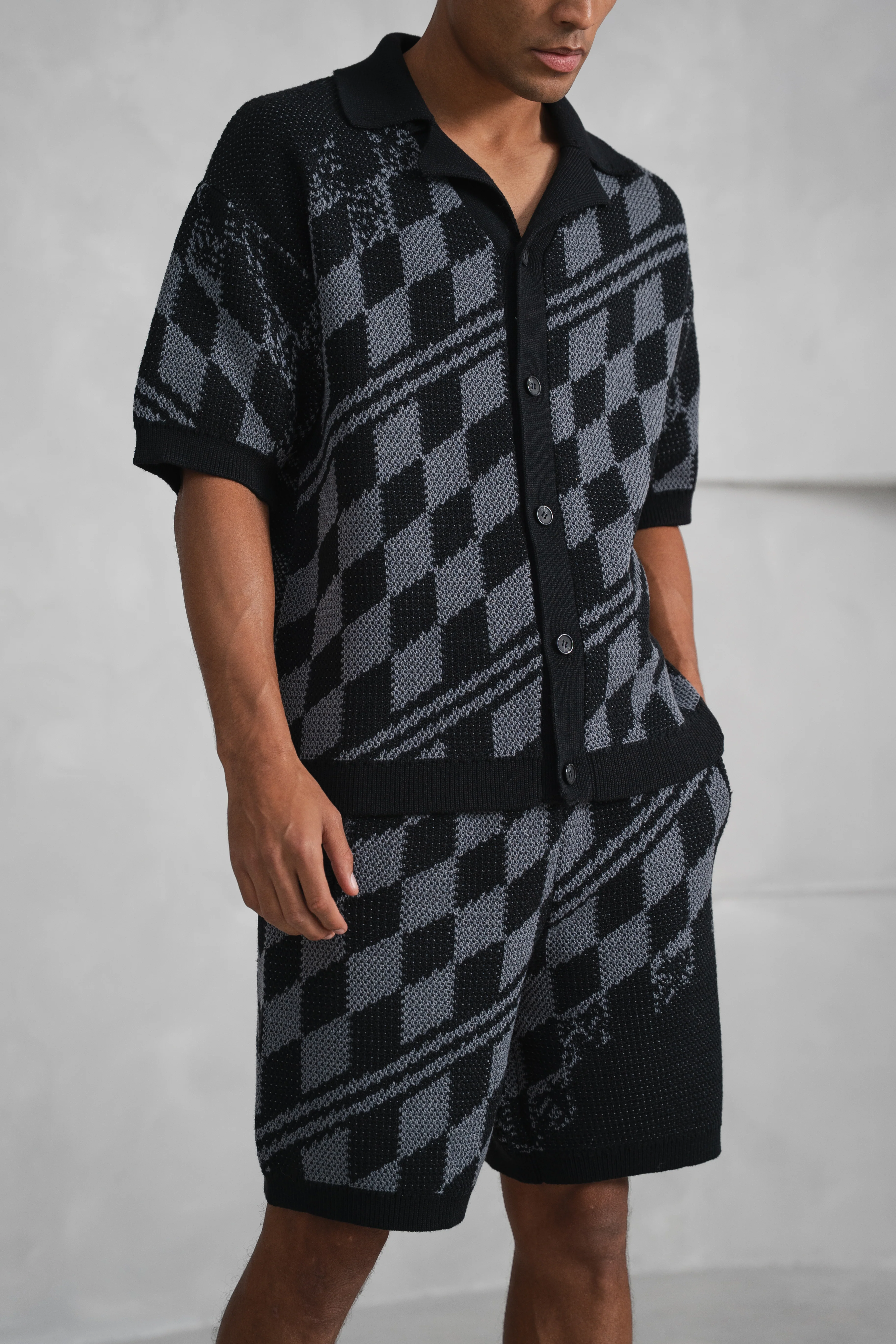 Knitted Checked Shorts - Black/Charcoal - Image 7
