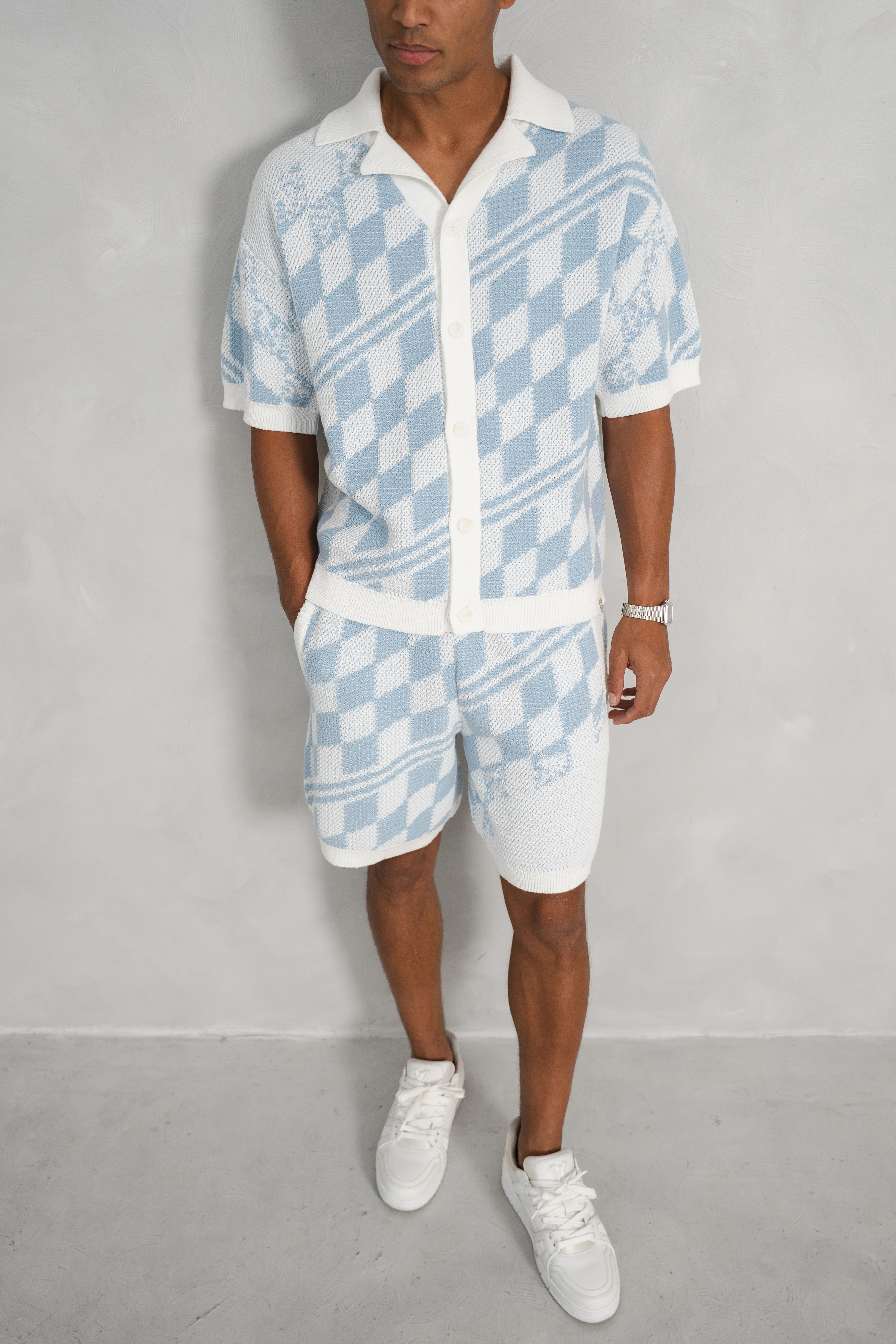 Knitted Checked Shorts - Pale Blue/White - Image 3