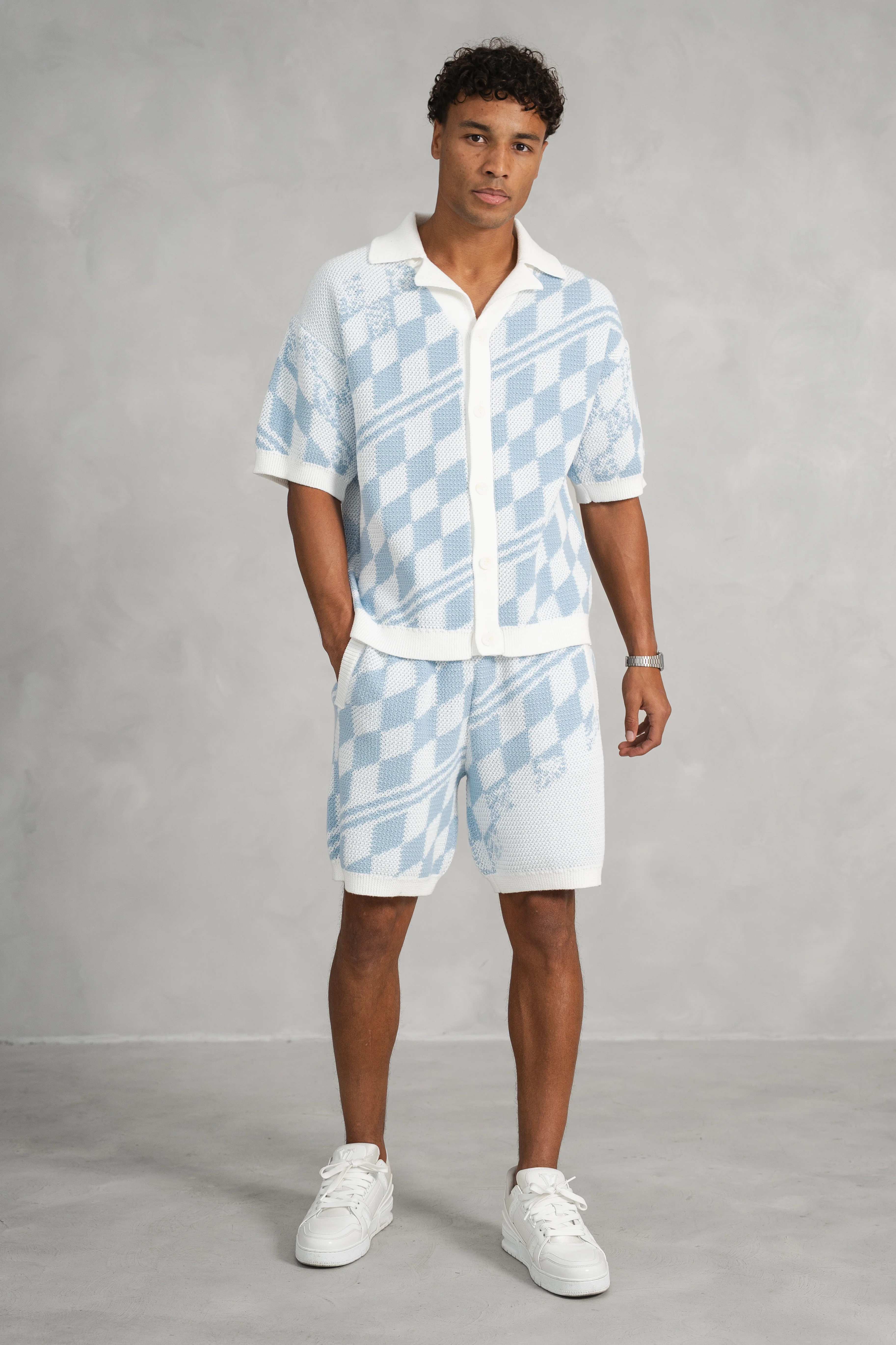 Knitted Checked Shorts - Pale Blue/White - Image 4