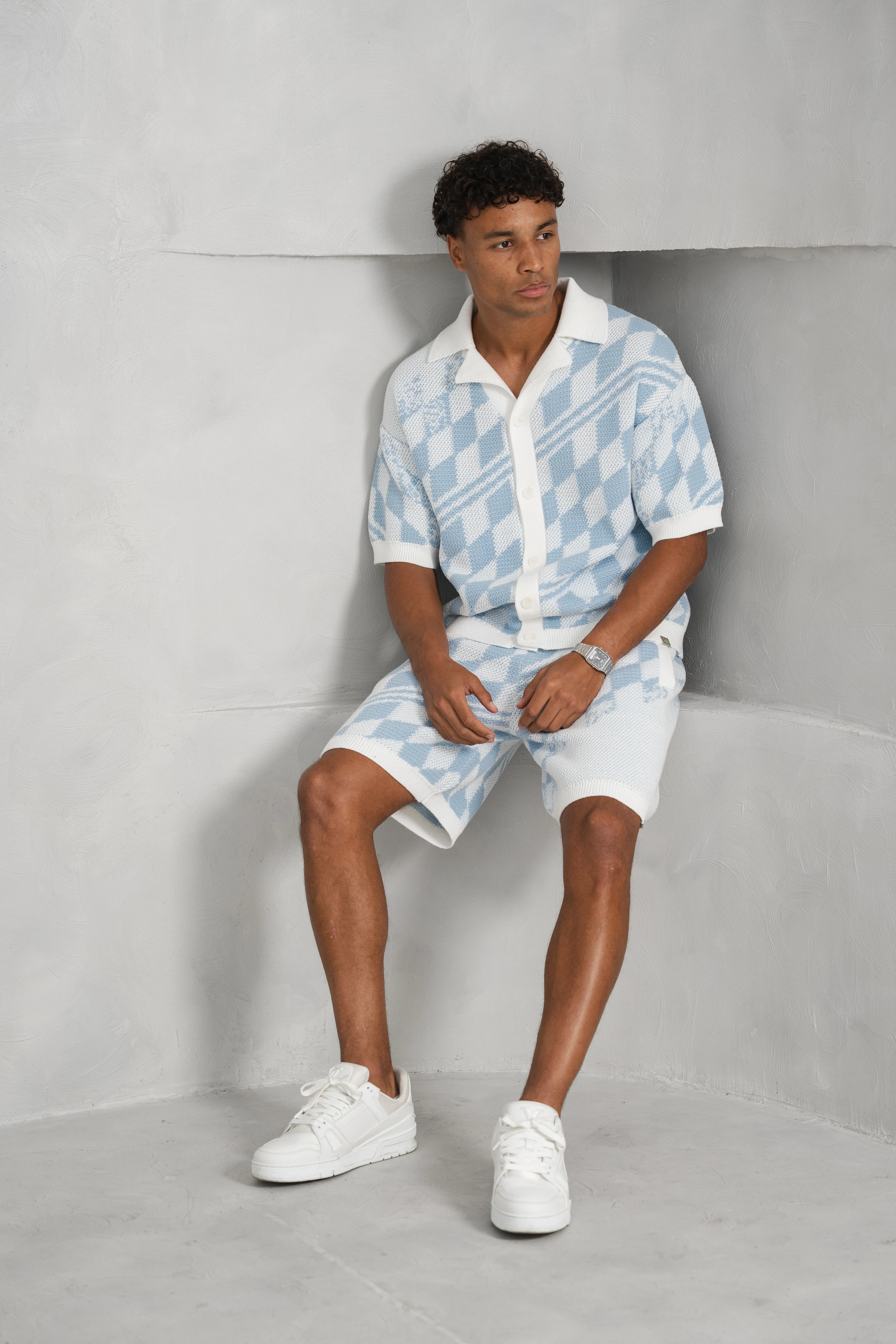 Boxy Checked Knitted Shirt - Pale Blue/White - Image 5