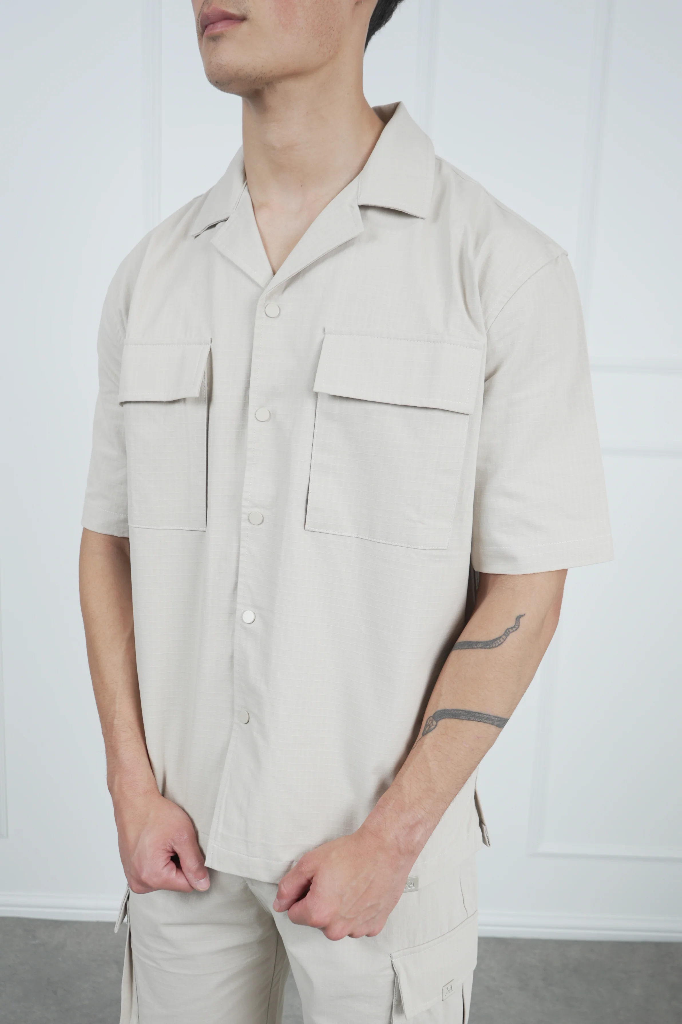 Boxy Ripstop Oversized Shirt - Stone - Image 4