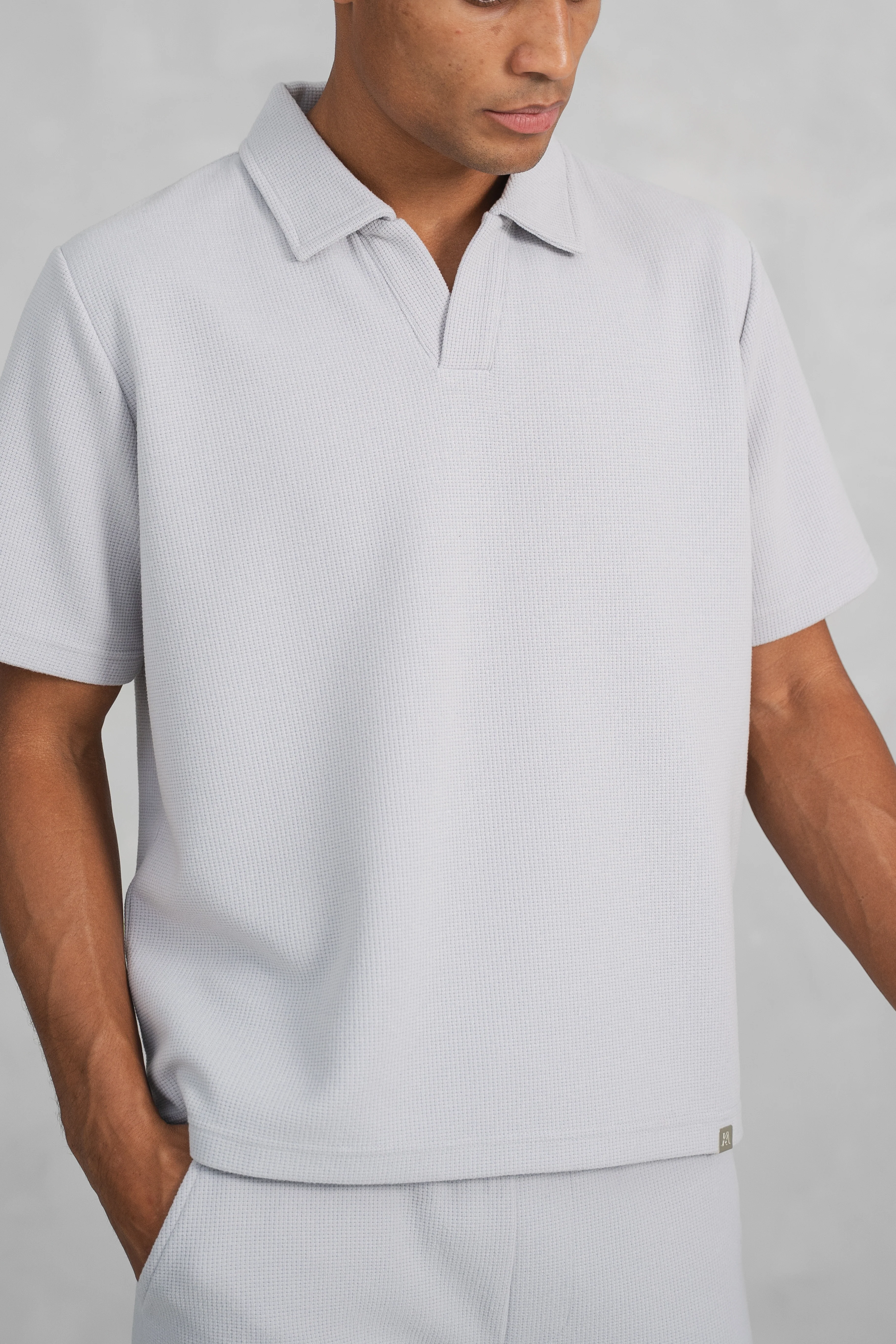 Waffle Boxy Open Neck Polo - Grey - Image 3