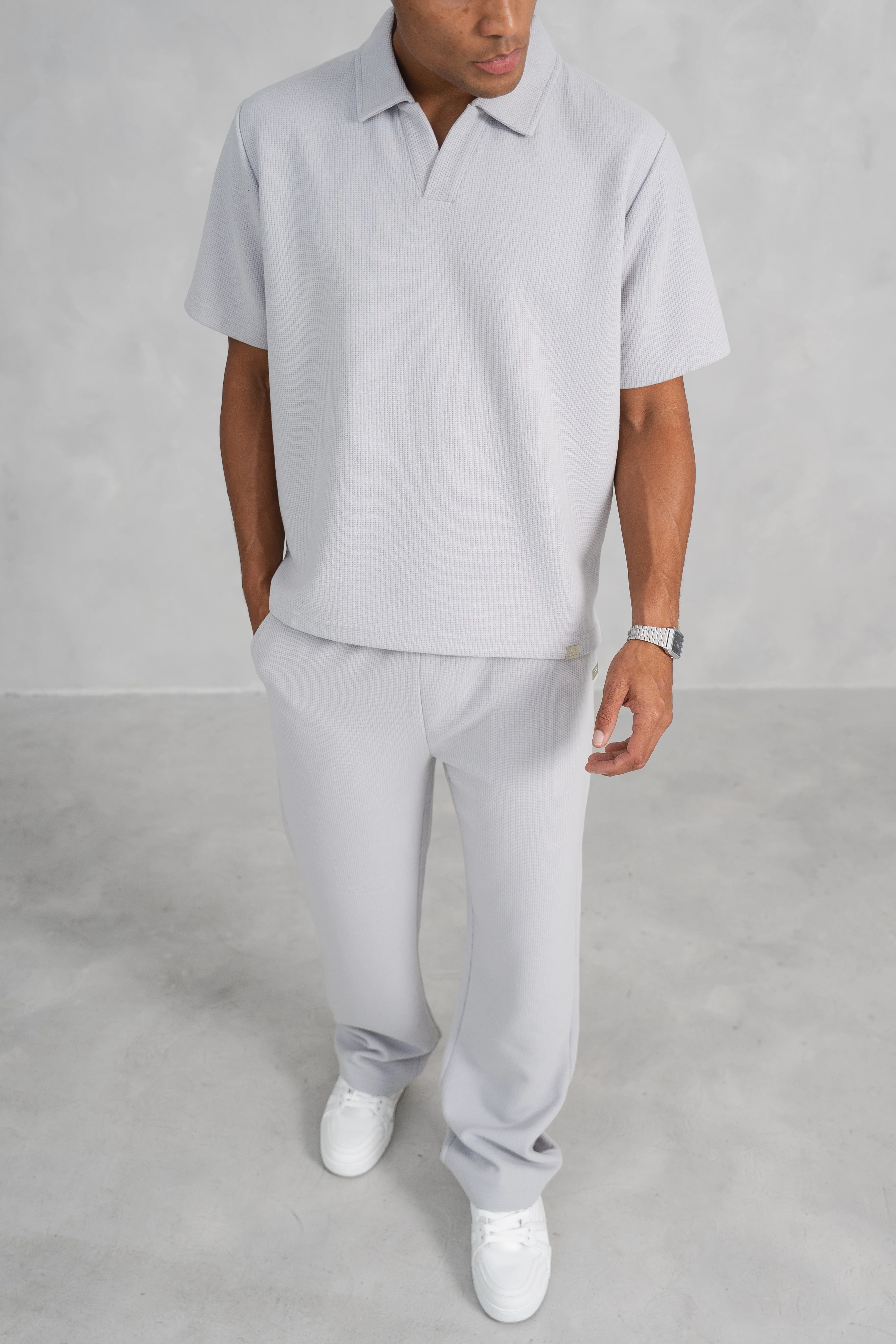 Waffle Boxy Open Neck Polo - Grey - Image 4