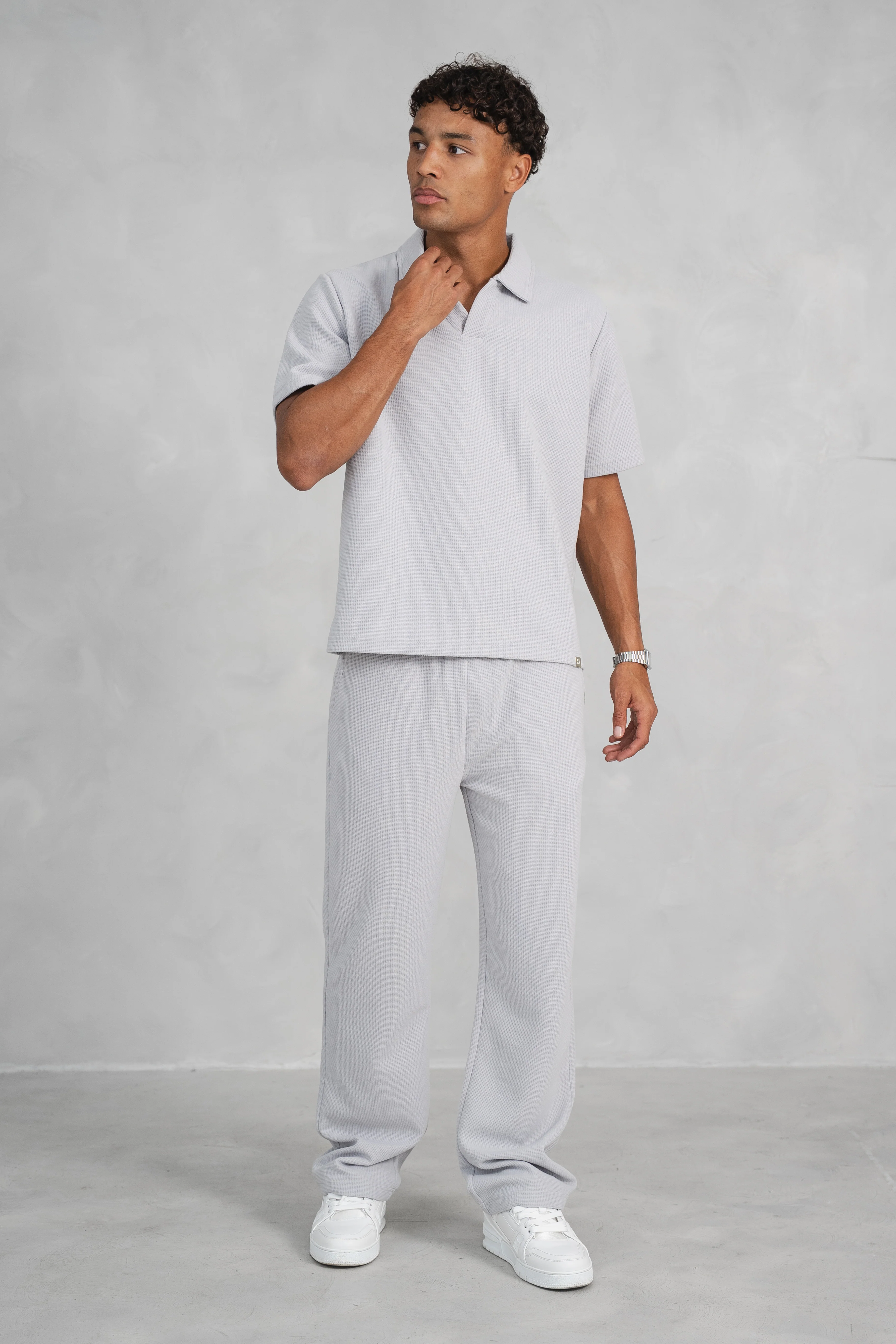 Waffle Boxy Open Neck Polo - Grey - Image 6
