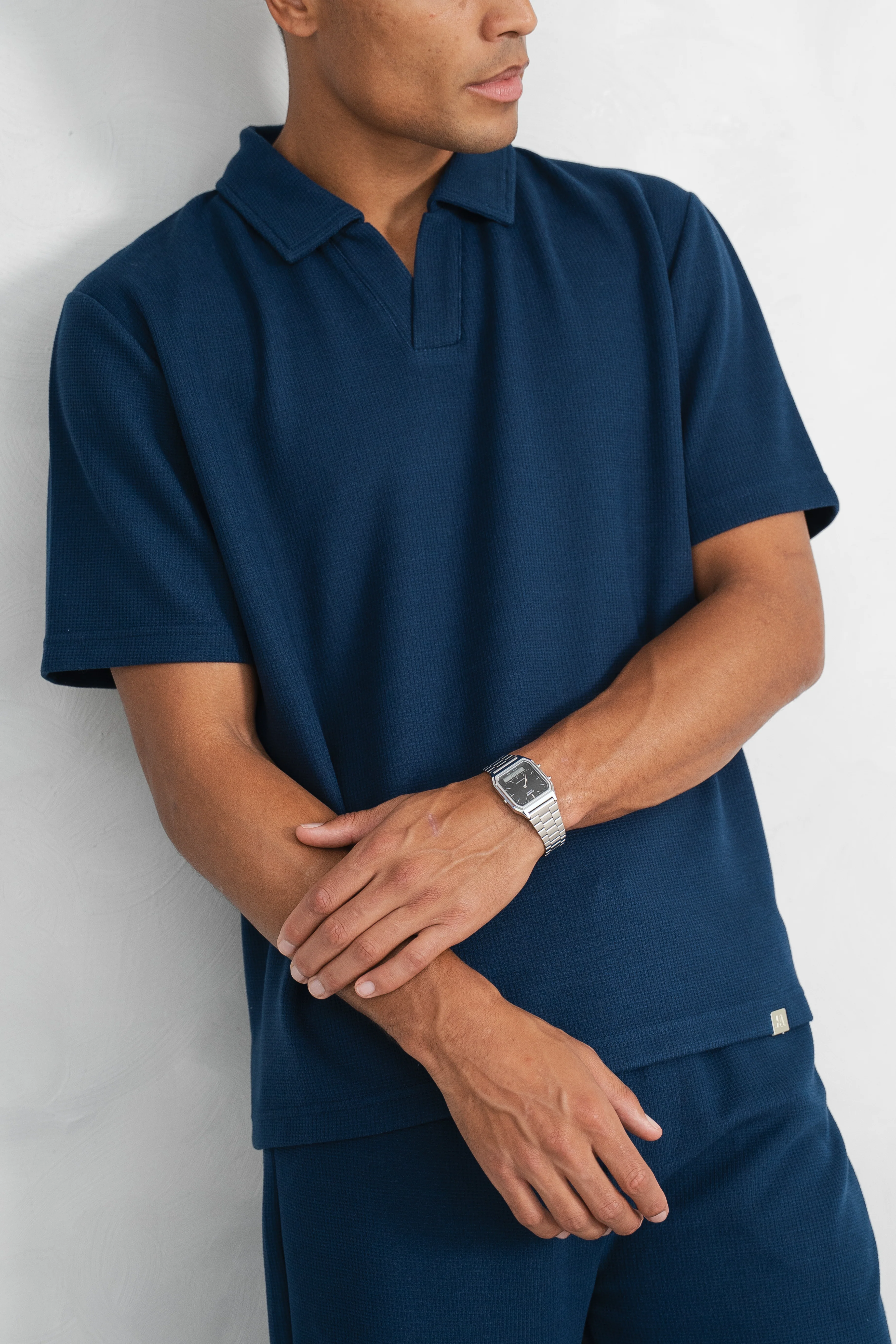 Waffle Boxy Open Neck Polo - Navy - Image 5