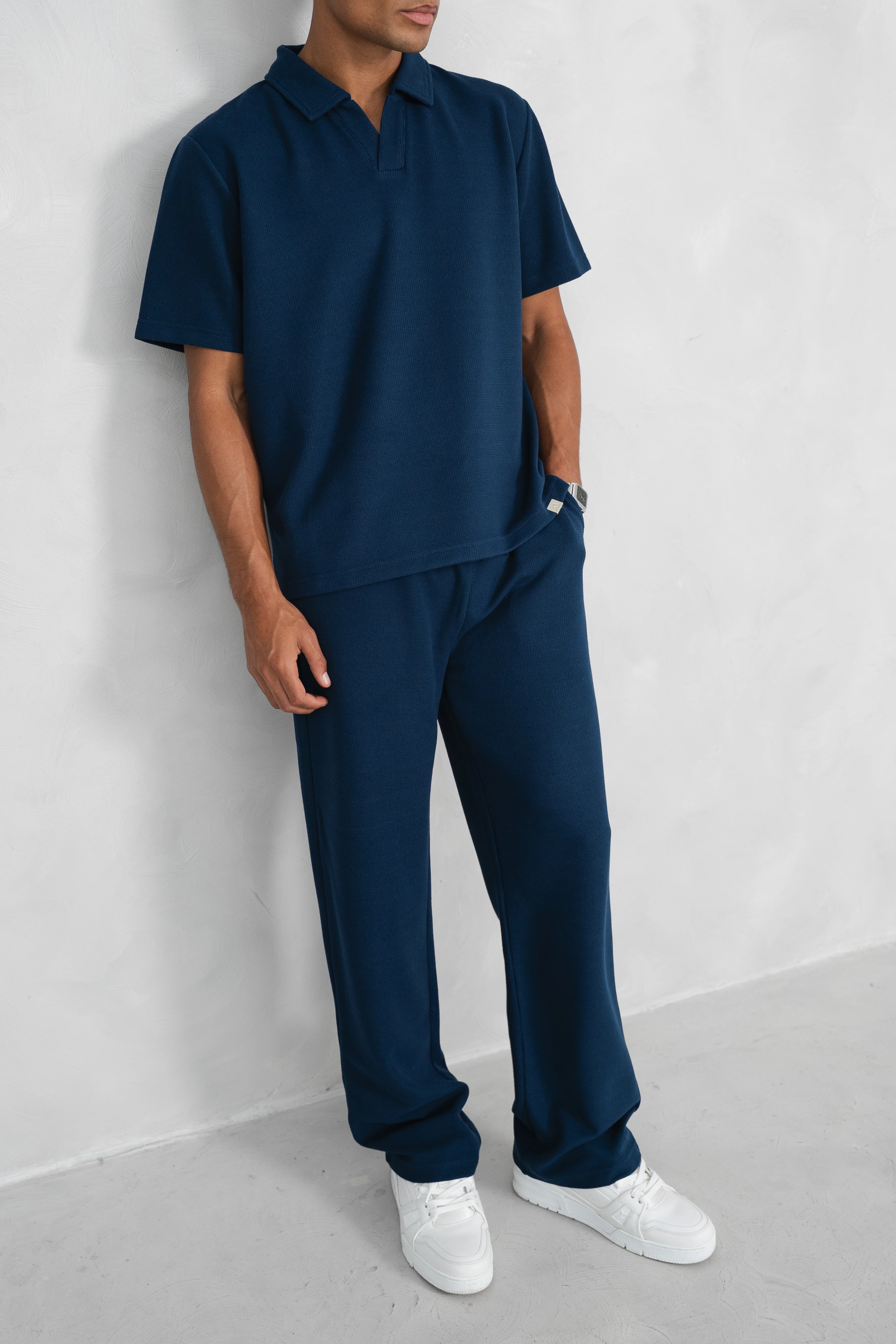 Waffle Boxy Open Neck Polo - Navy - Image 6