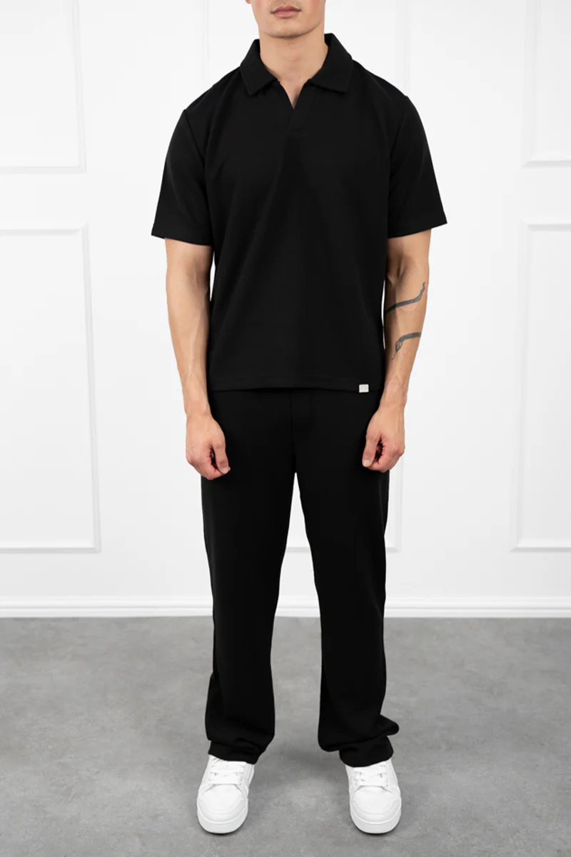 Waffle Boxy Open Neck Polo - Black - Image 3